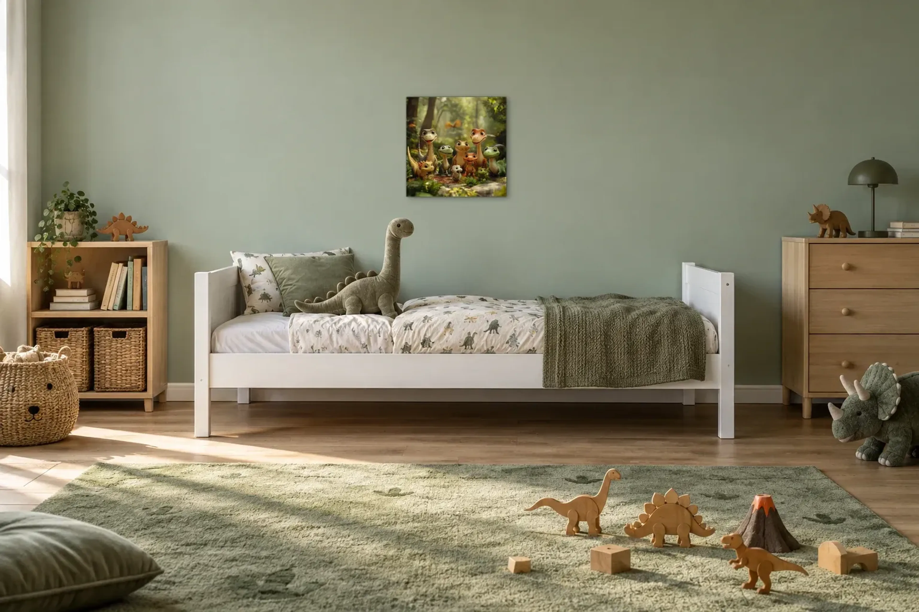 Dinobande auf der Waldlichtung als Wandbild über einem 200-cm-Kinderbett