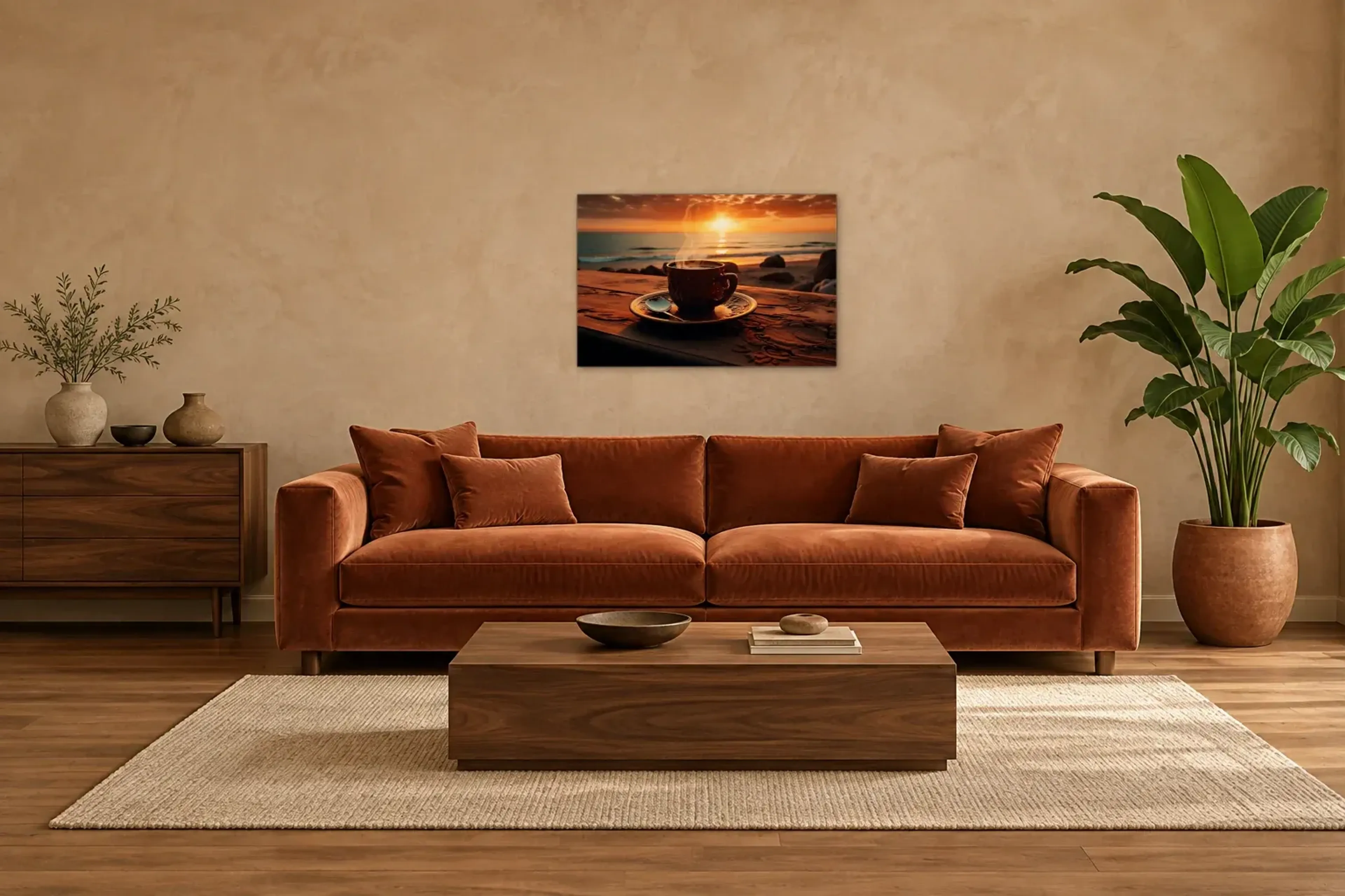 Kaffee am Meer als Wandbild über einem 220-cm-Sofa