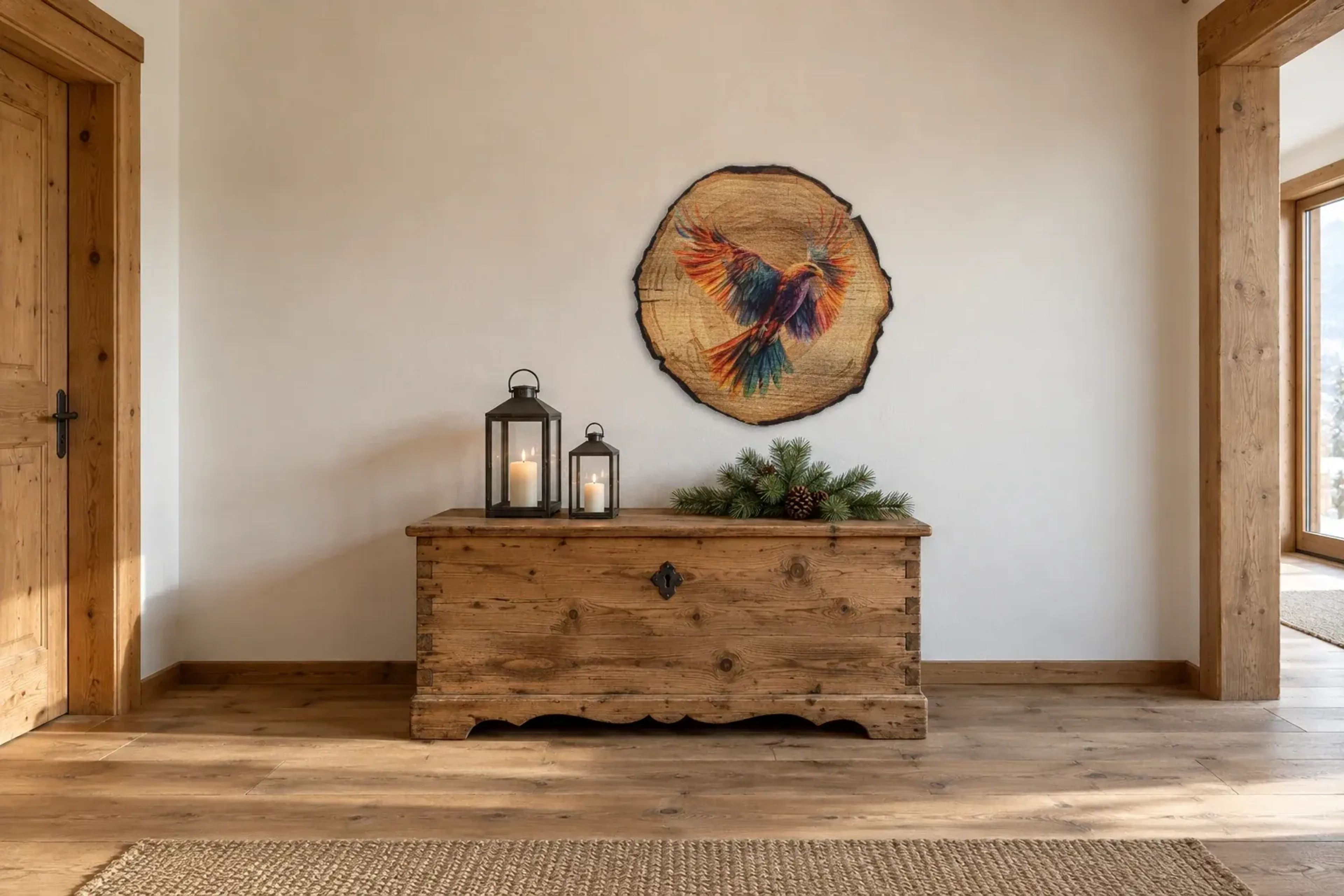 Bunter Vogel im Flug als Wandbild über einer 140-cm-Truhe