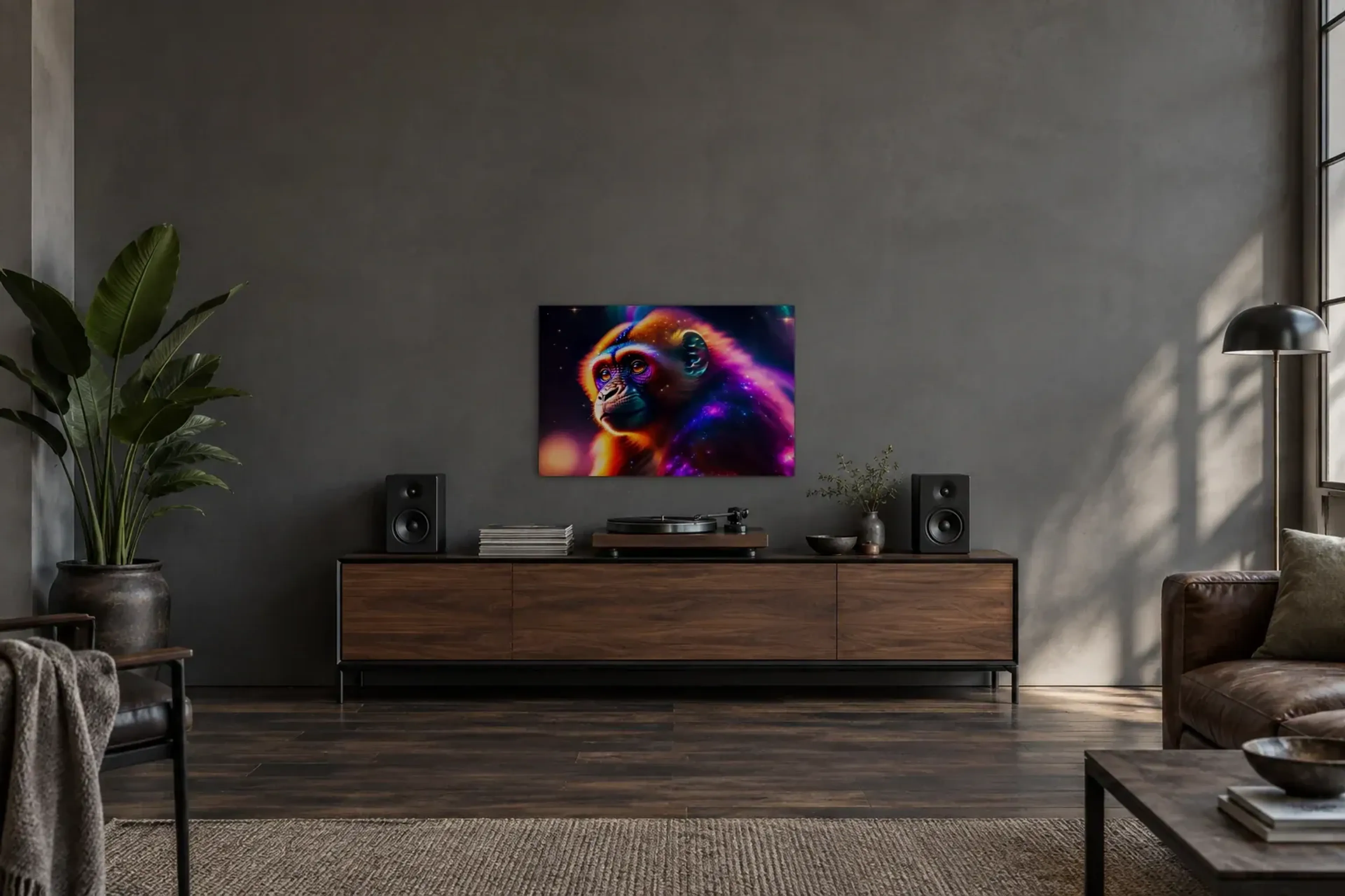 Affe im Sternenlicht als Wandbild über einem 200-cm-Sideboard