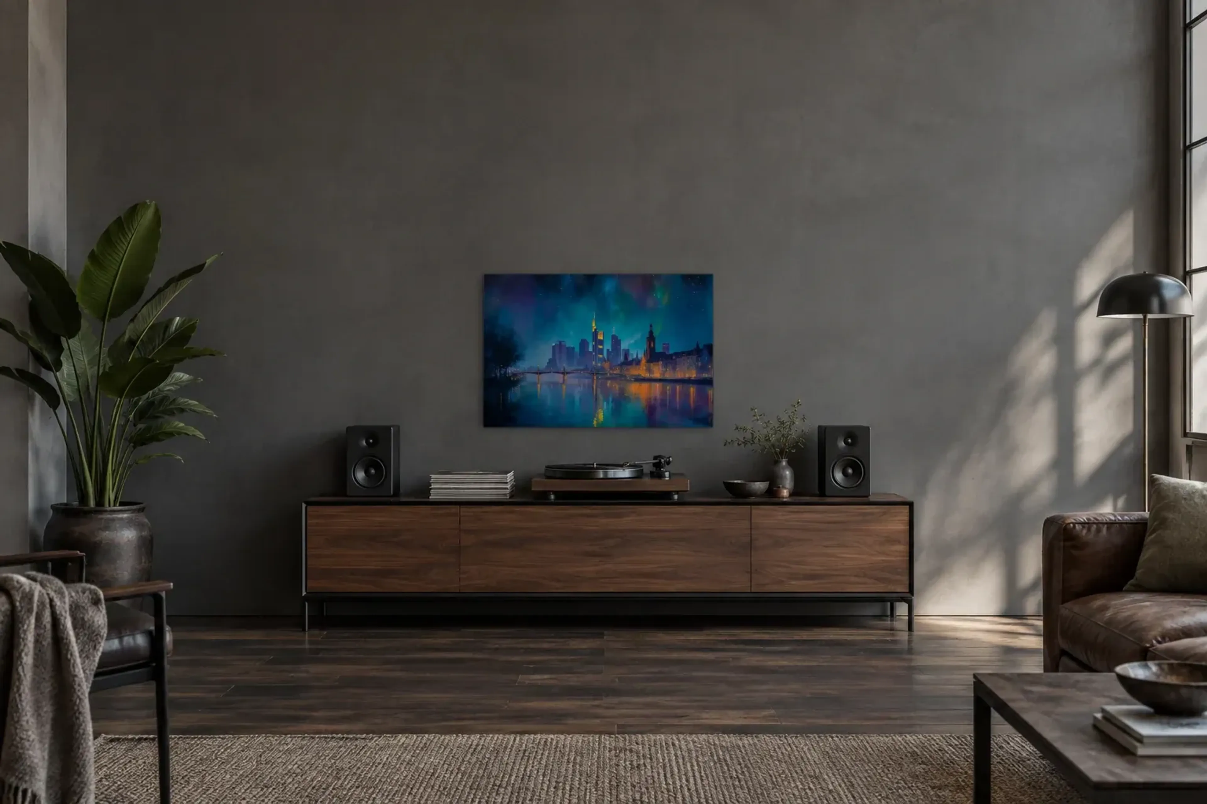 Frankfurter Nachtlichter als Wandbild über einem 200-cm-Sideboard