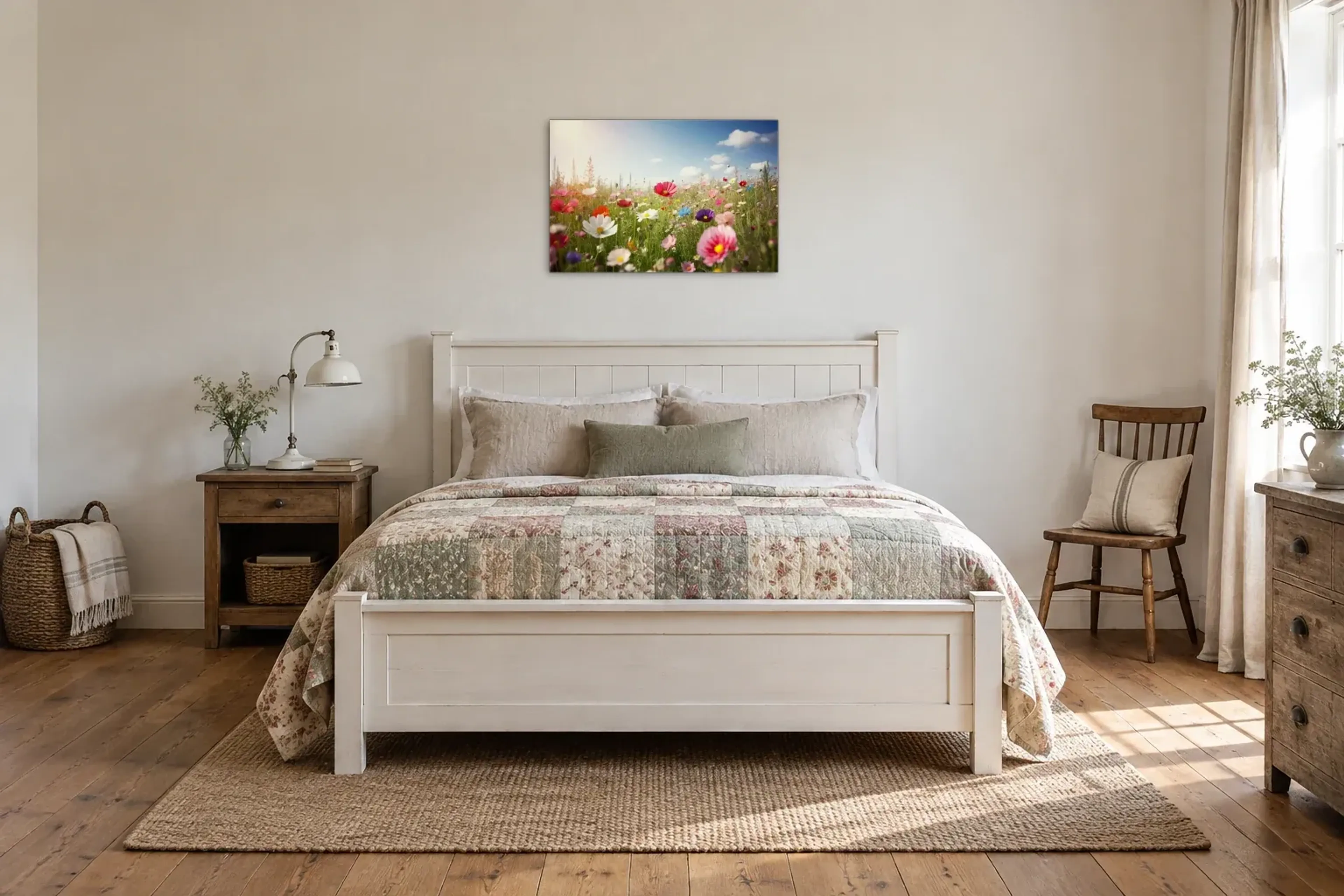 Bunte Blumenwiese als Wandbild über einem 160-cm-Bett
