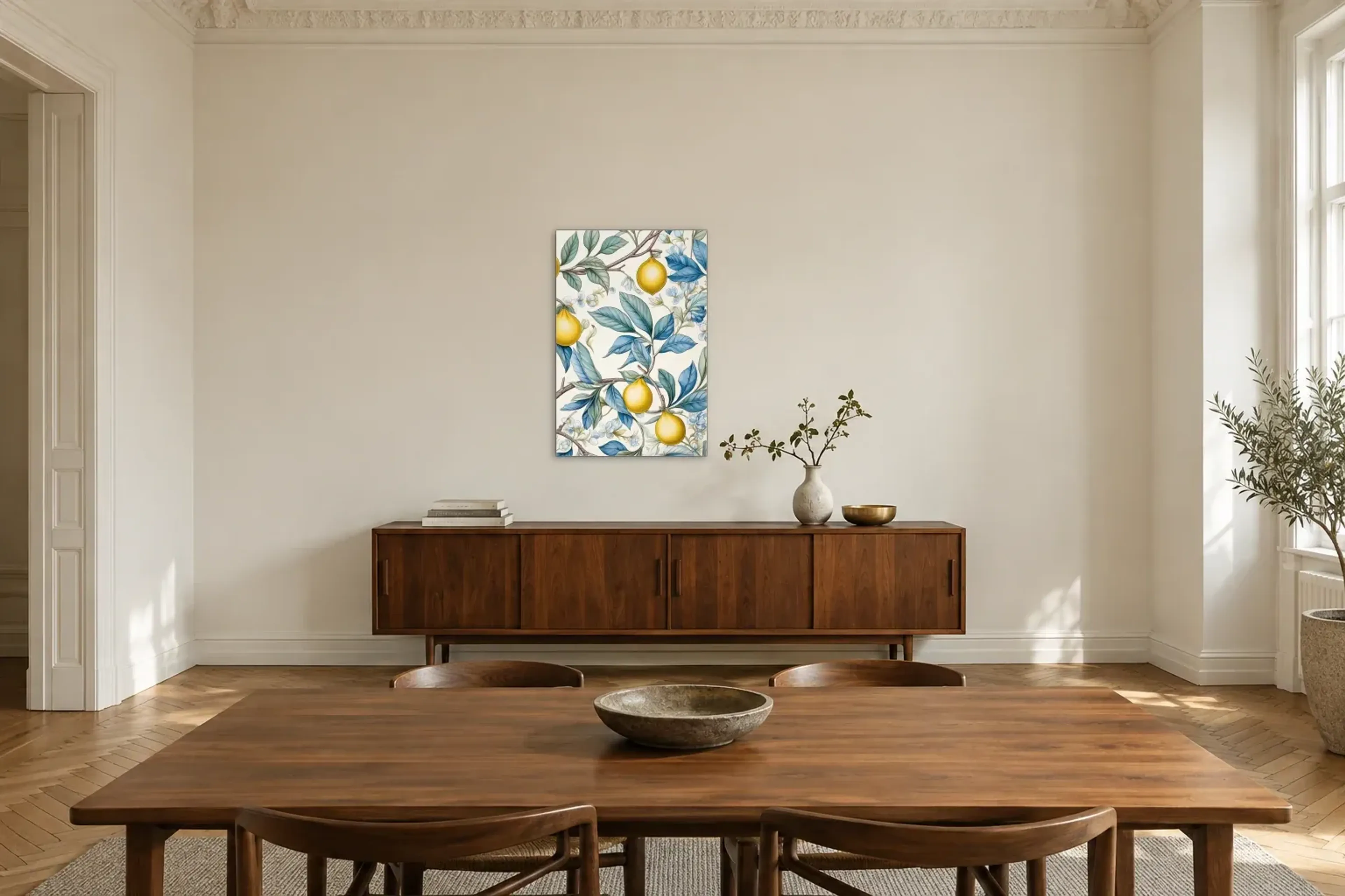 Zitronen zwischen blauen Blättern als Wandbild über einem 200-cm-Sideboard