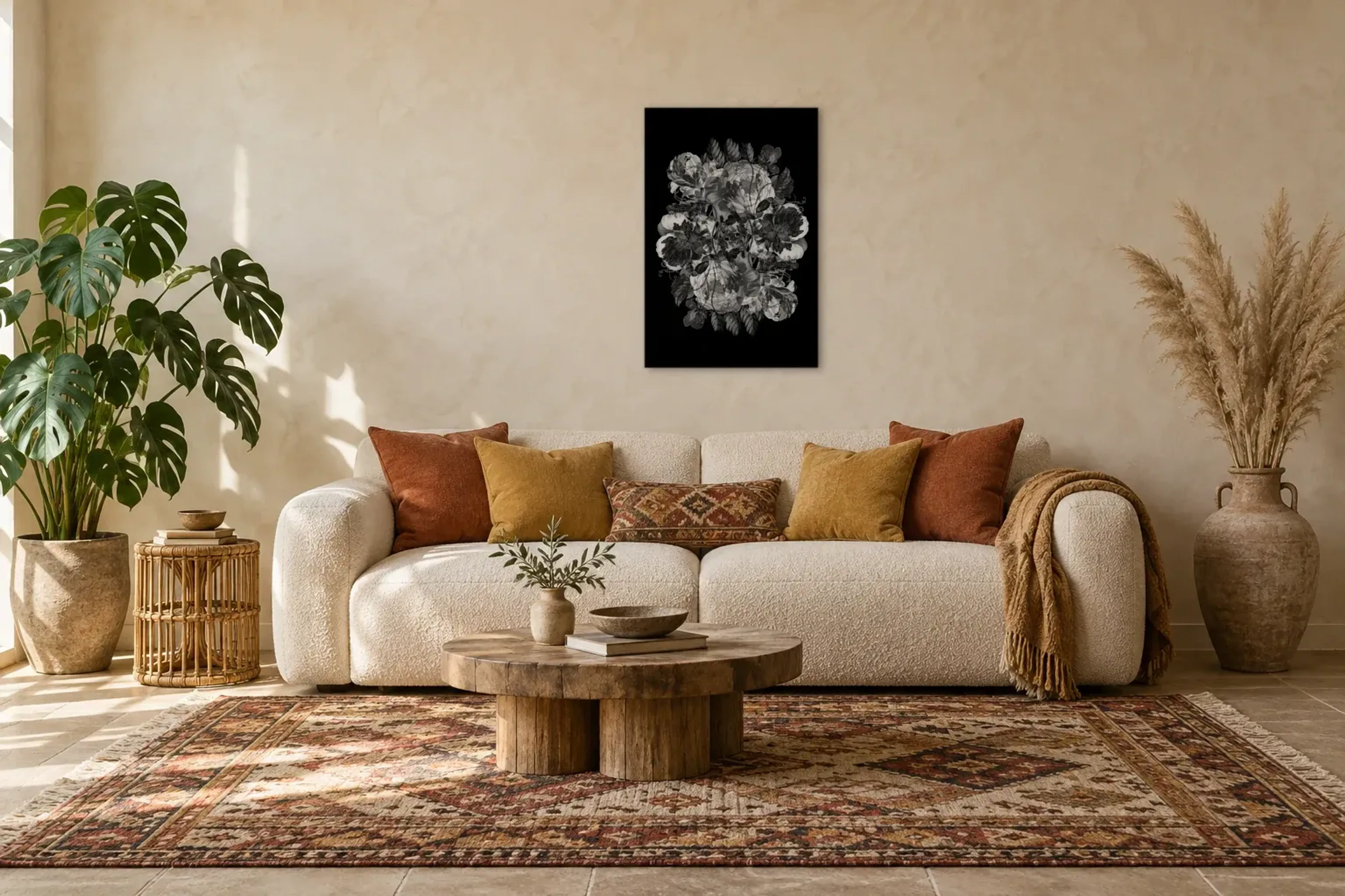 Blumen in Schwarz-Weiß als Wandbild über einem 220-cm-Sofa