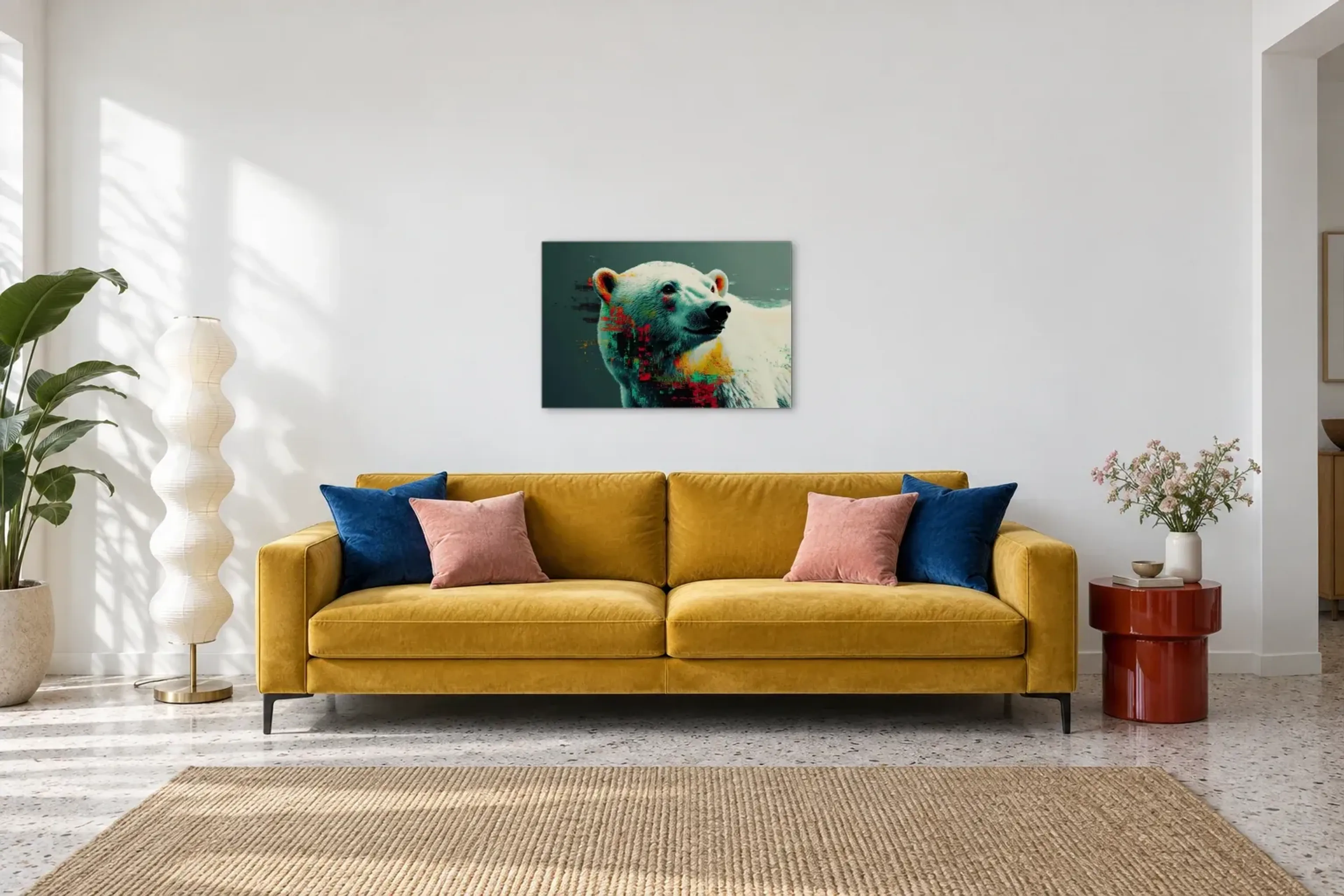 Eisbär mit sanftem Blick als Wandbild über einem 220-cm-Sofa