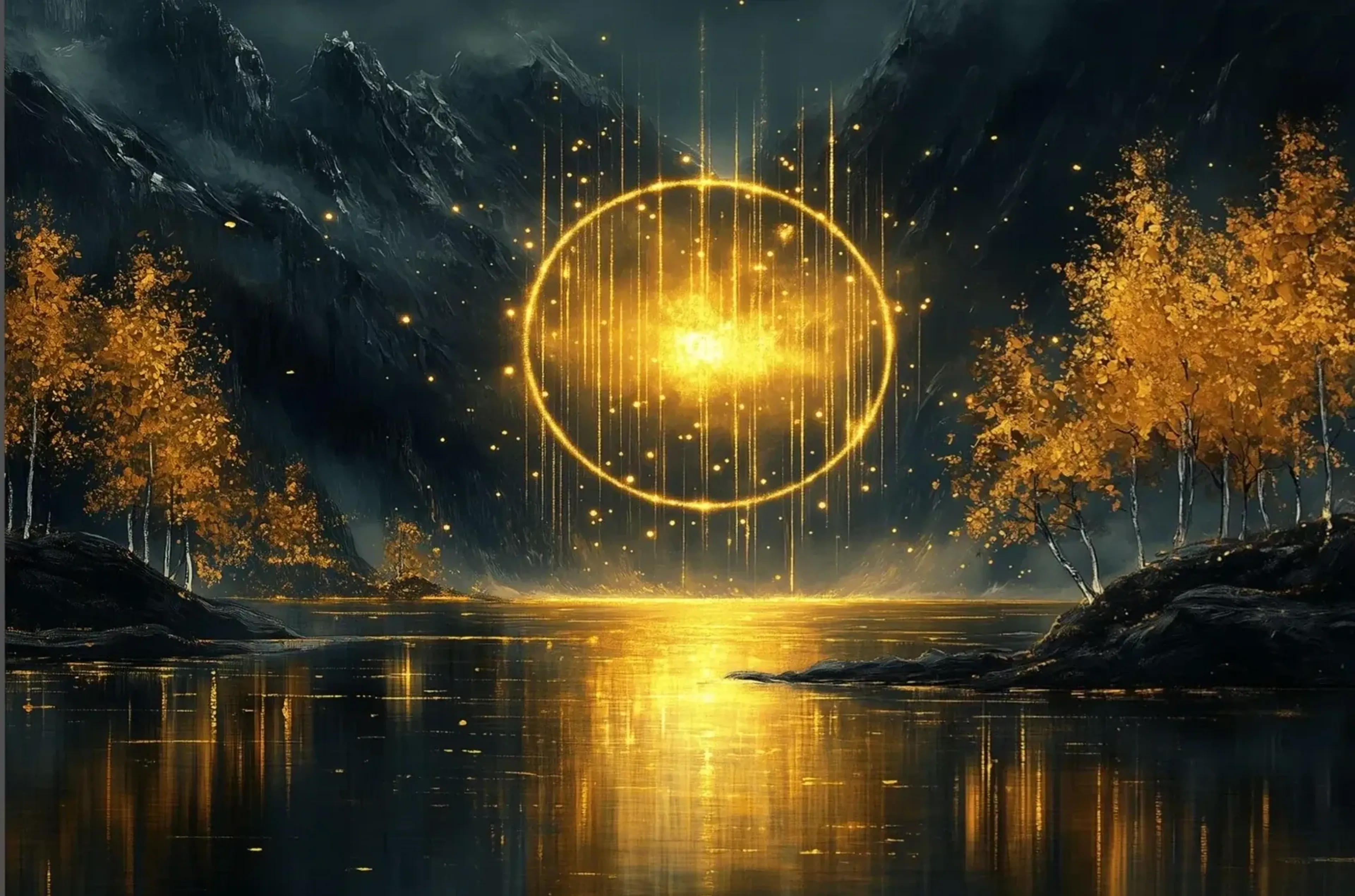 Ein goldener Lichtkreis schwebt über einem See zwischen dunklen Bergen und goldgelben Bäumen.