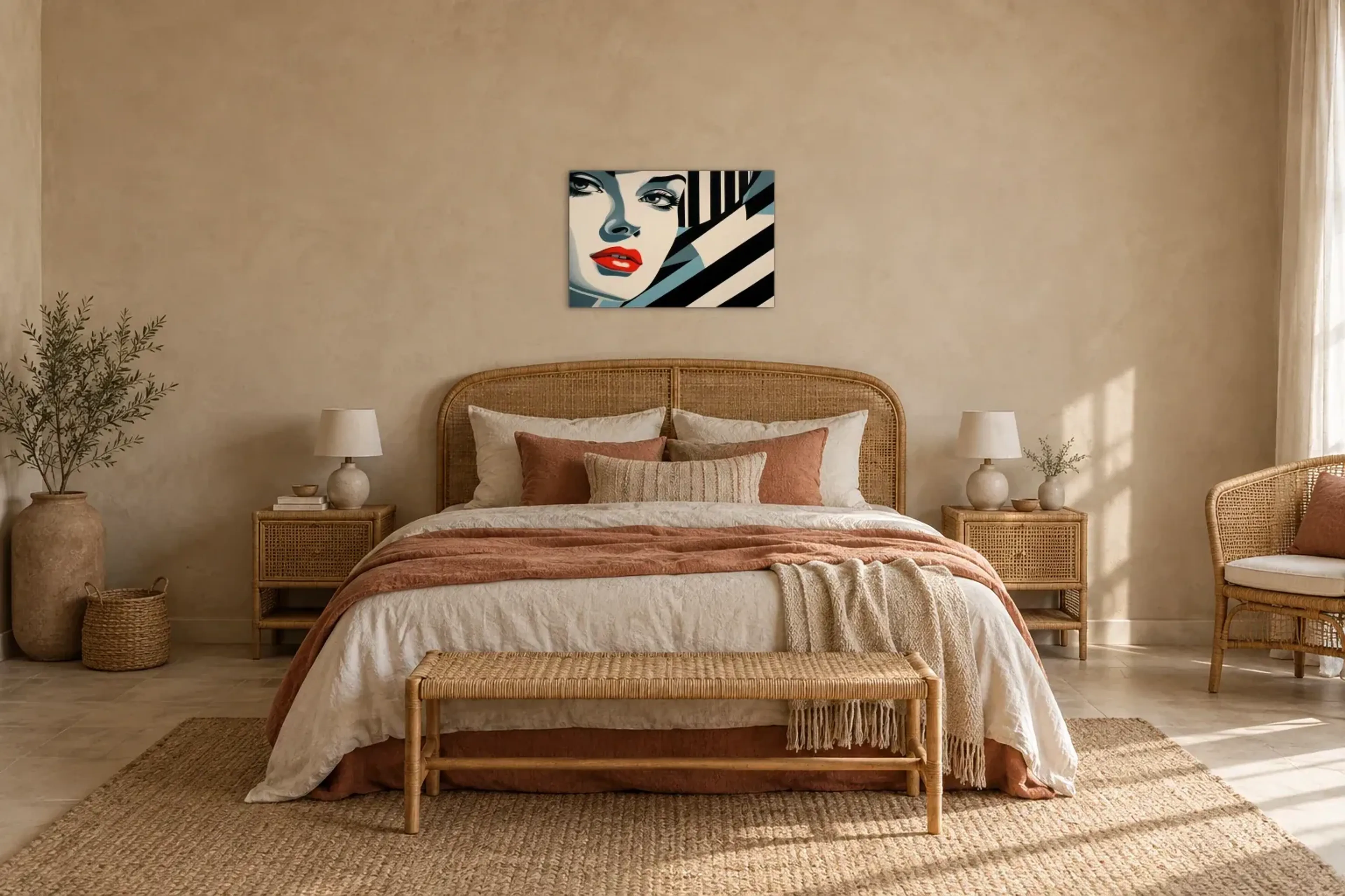 Rote Lippen in Pop-Art als Wandbild über einem 180-cm-Bett