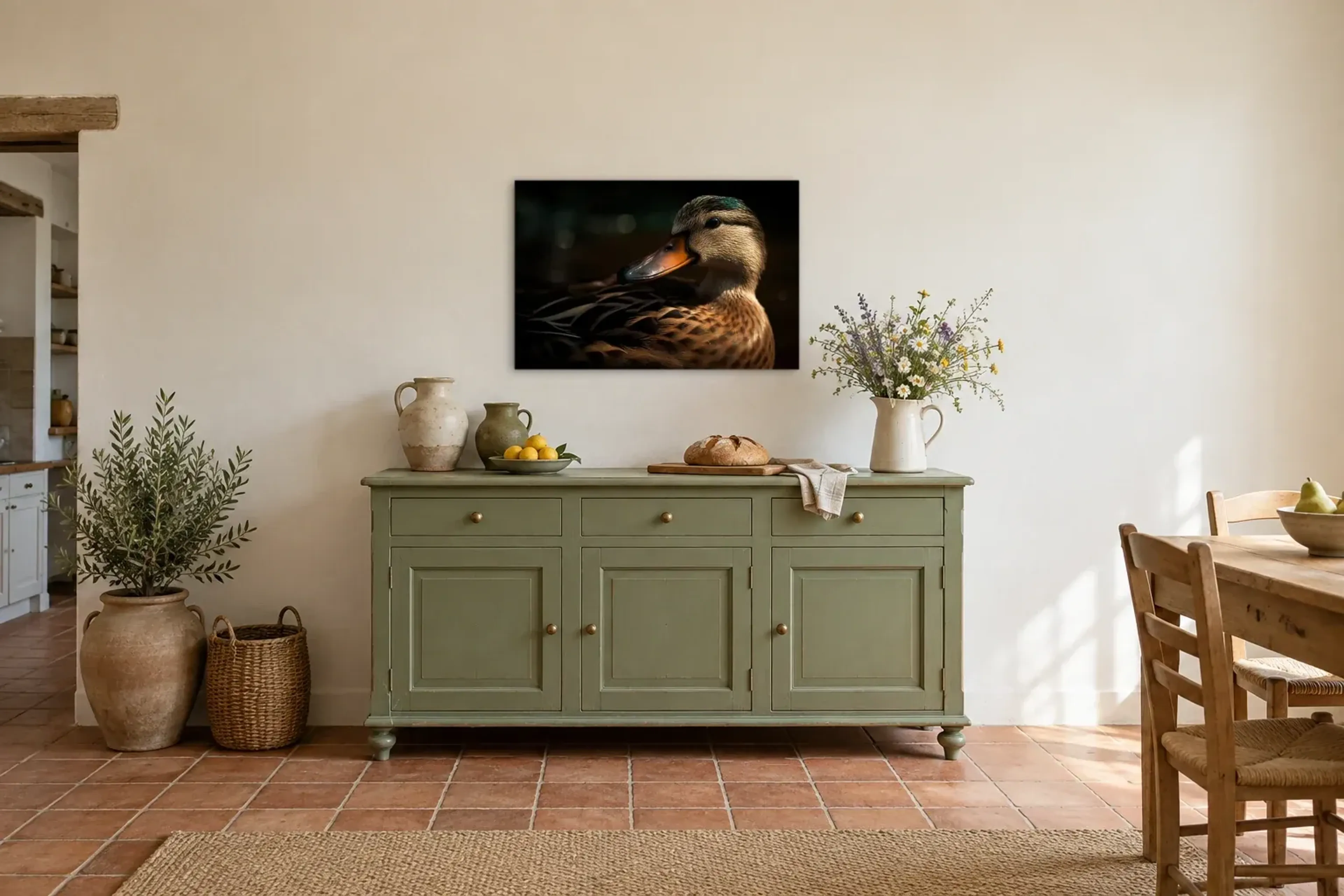 Ente Portrait als Wandbild über einer 160-cm-Anrichte