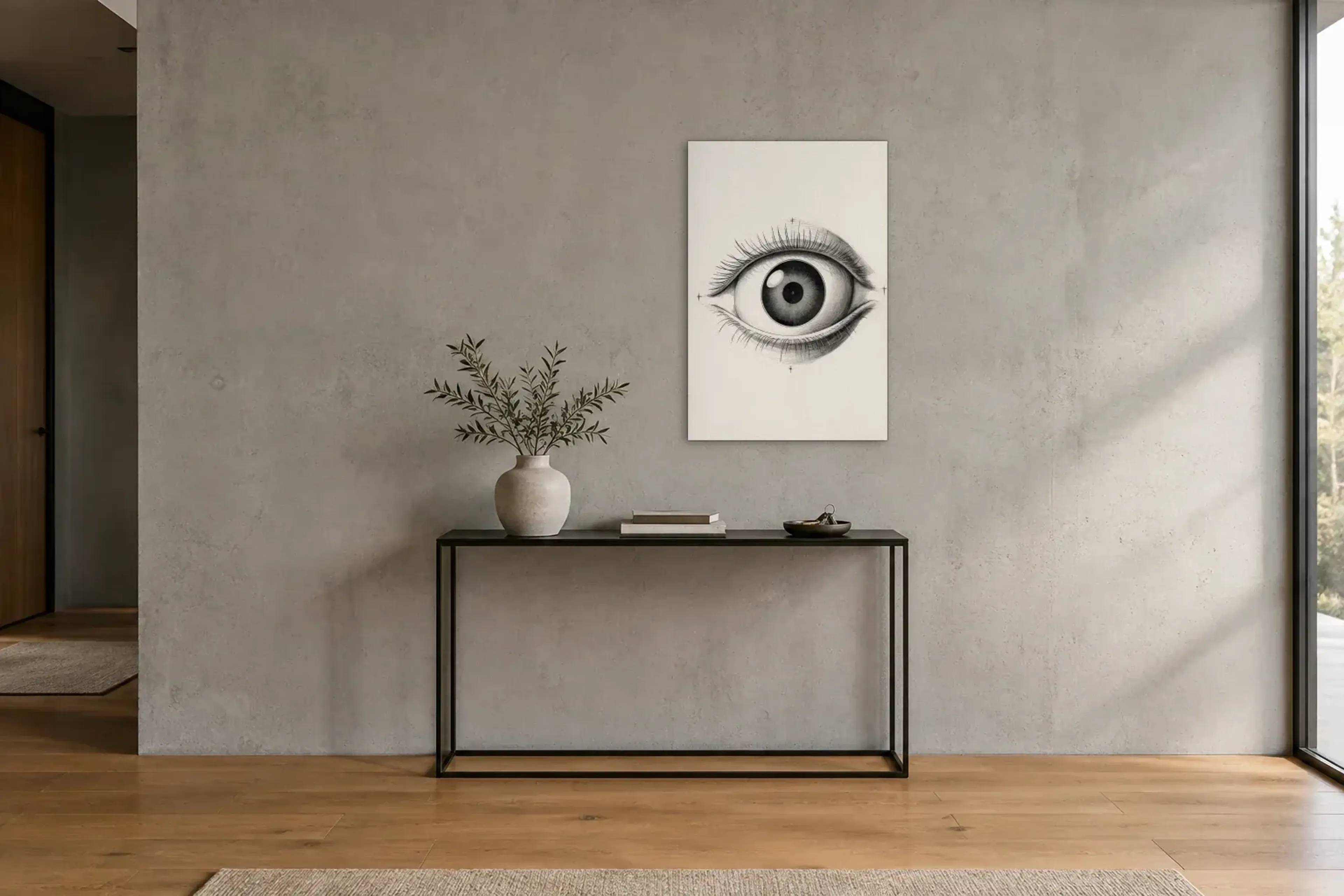 Auge schwarz weiß als Wandbild über einer 120-cm-Konsole