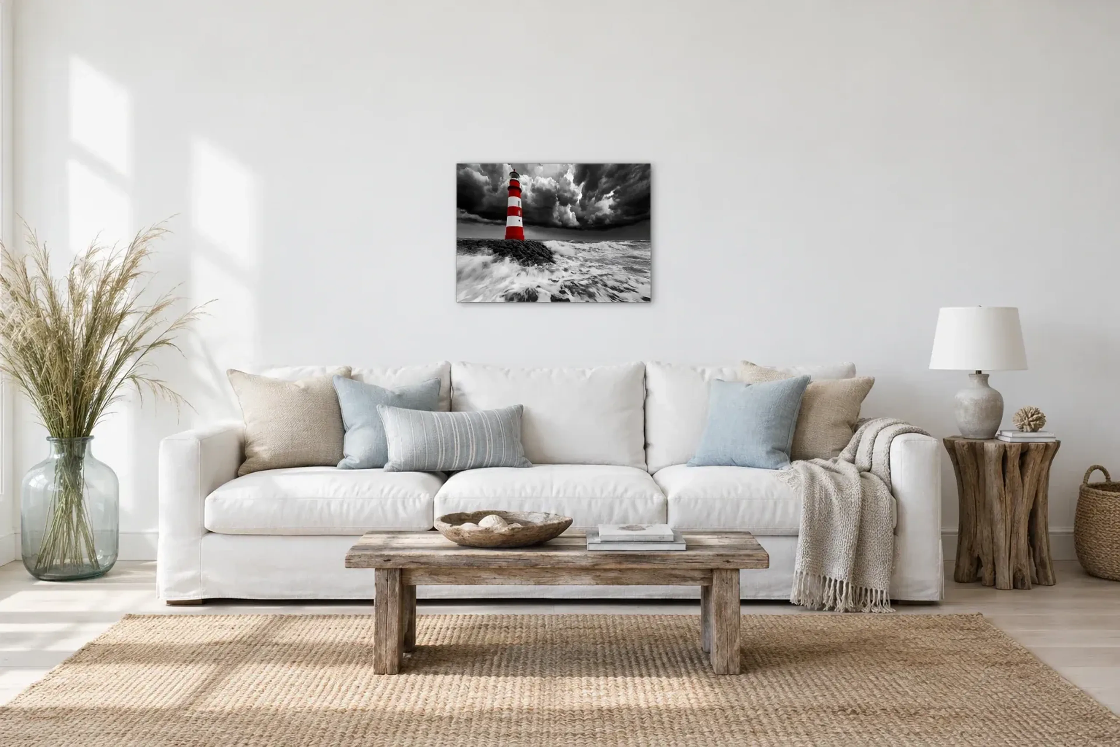 Leuchtturm unter Sturmwolken als Wandbild über einem 220-cm-Sofa