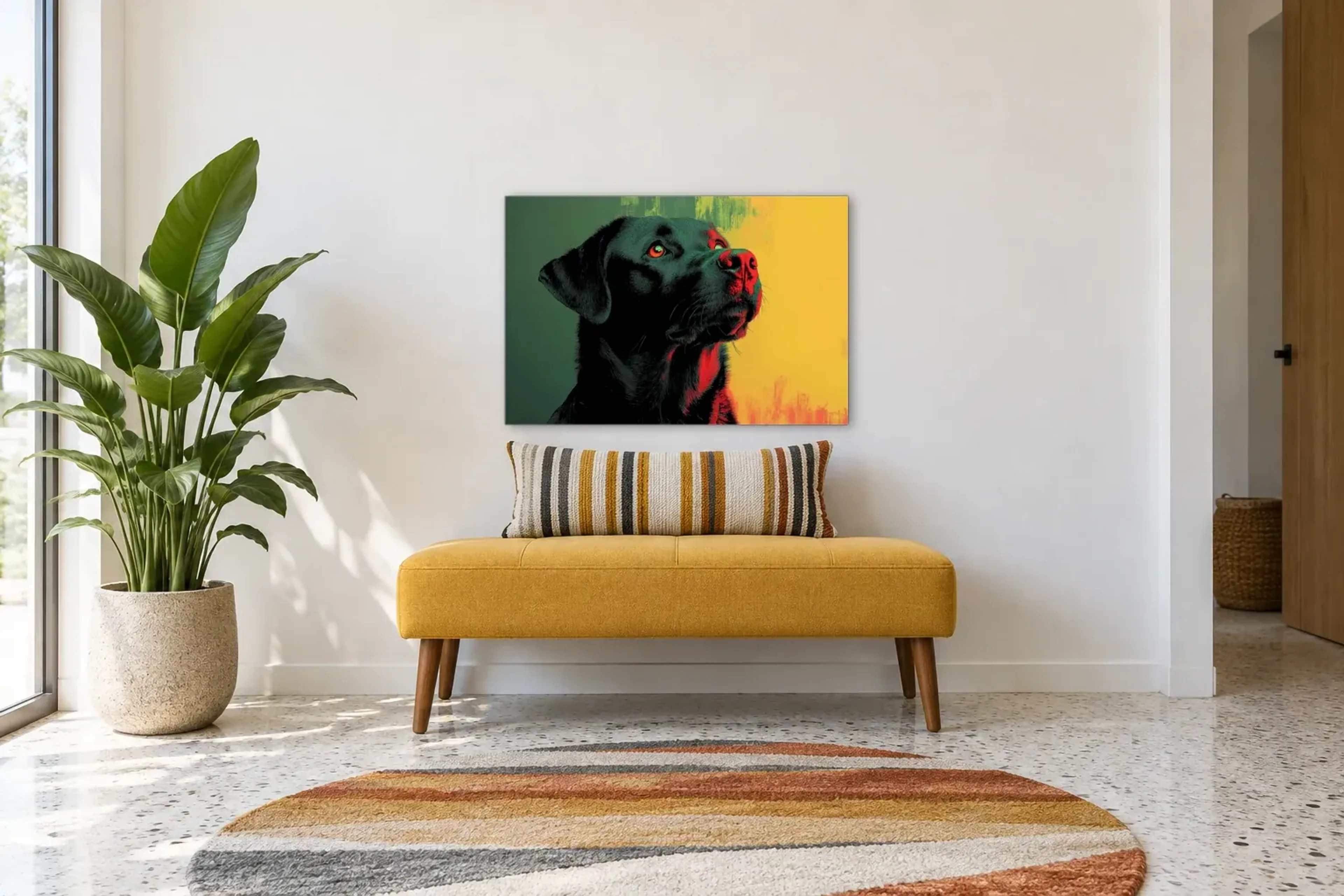 Labrador im Farbkontrast als Wandbild über einer 120-cm-Bank