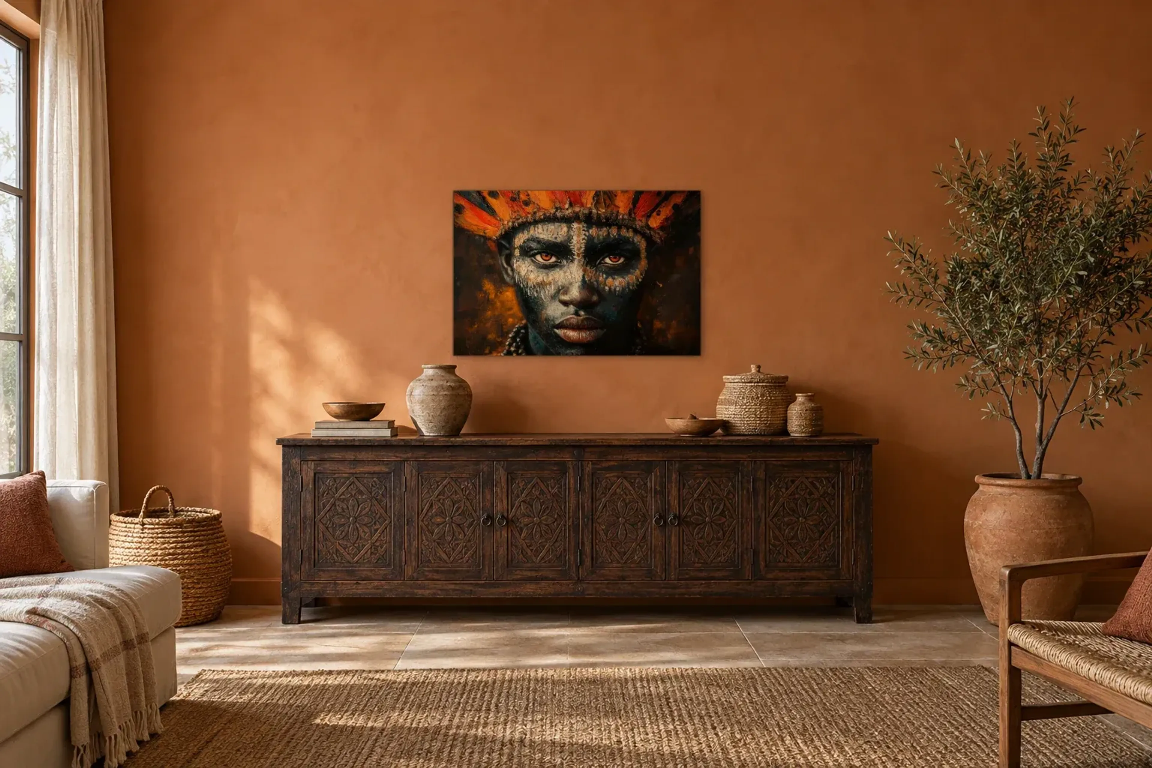 Porträt mit Federschmuck als Wandbild über einem 180-cm-Sideboard