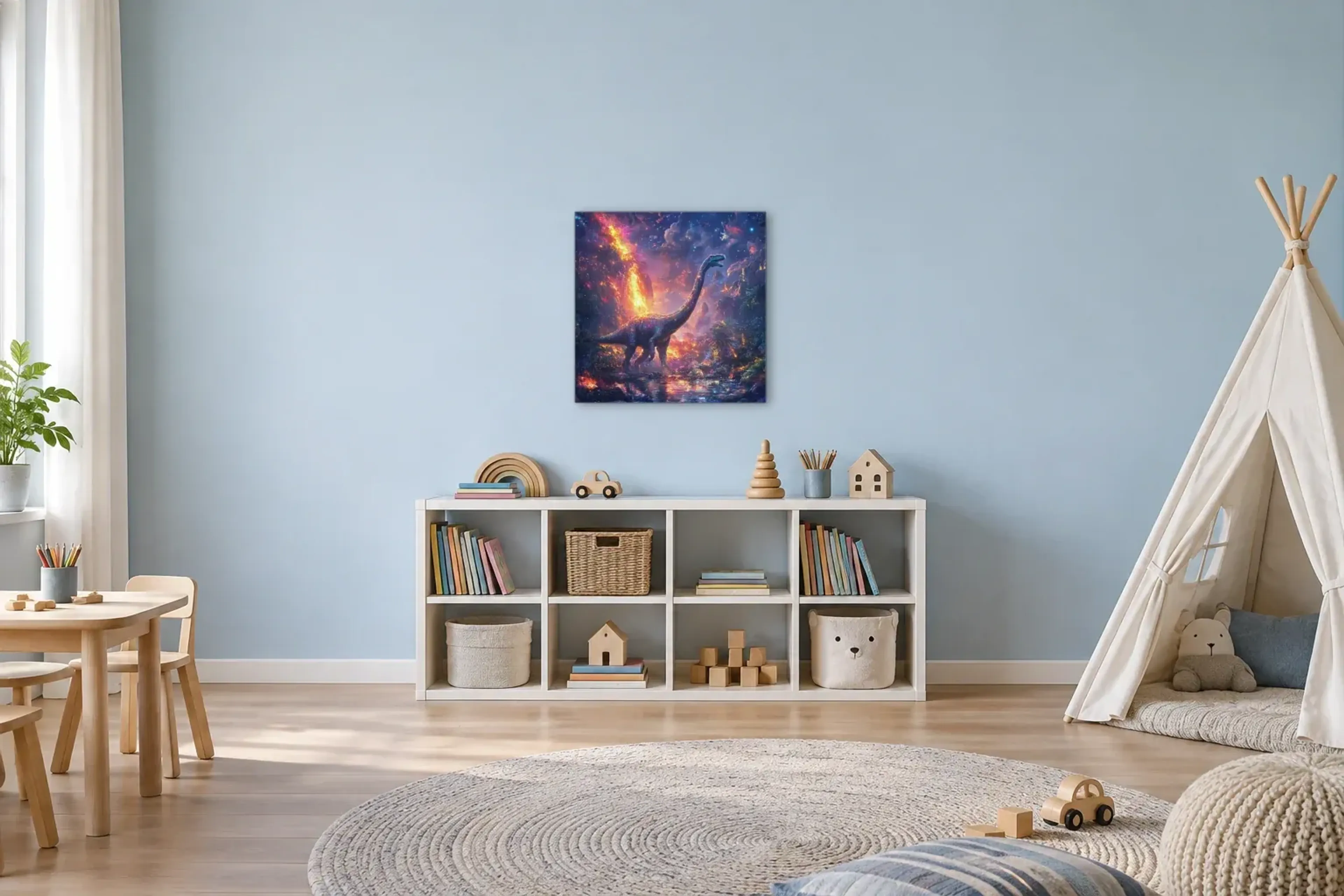 Langhals im Feuertal als Wandbild über einem 120-cm-Spielregal