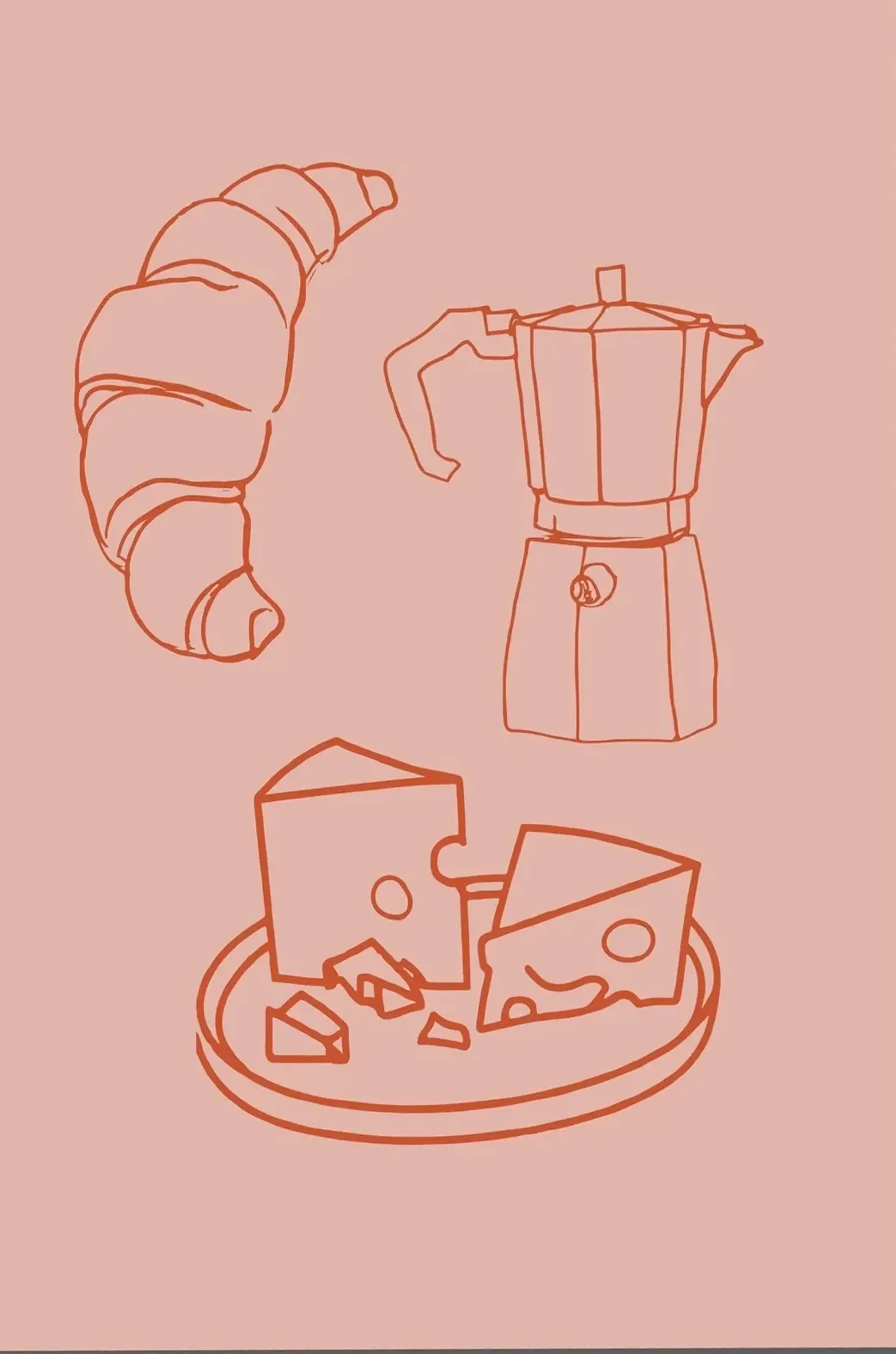 Rostrote Linien zeigen ein Croissant, eine Espressokanne und Käse auf einem ovalen Brett vor rosa Hintergrund.