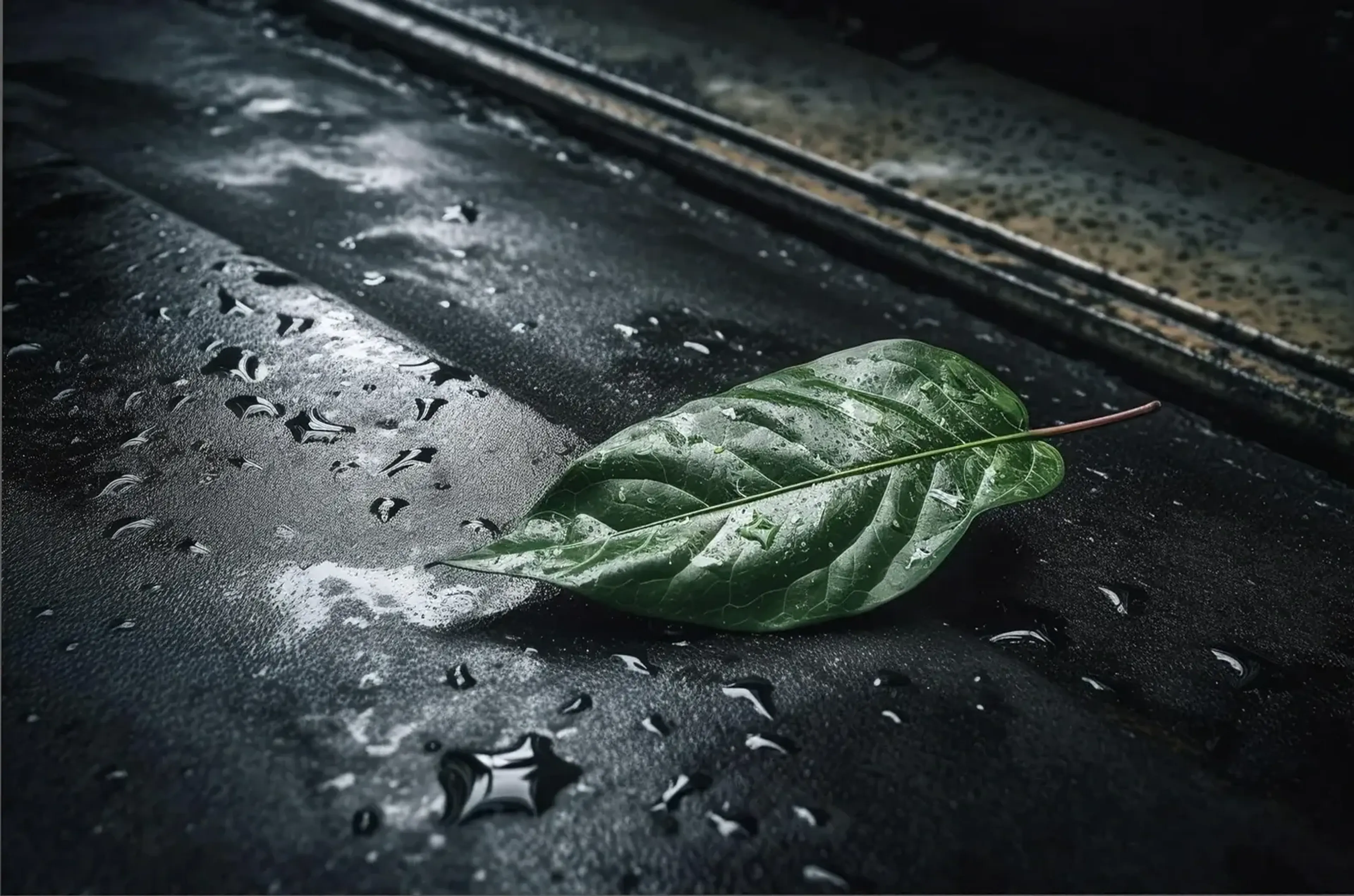 Ein grünes Blatt liegt zwischen Wassertropfen auf einer dunklen, glänzenden Oberfläche.