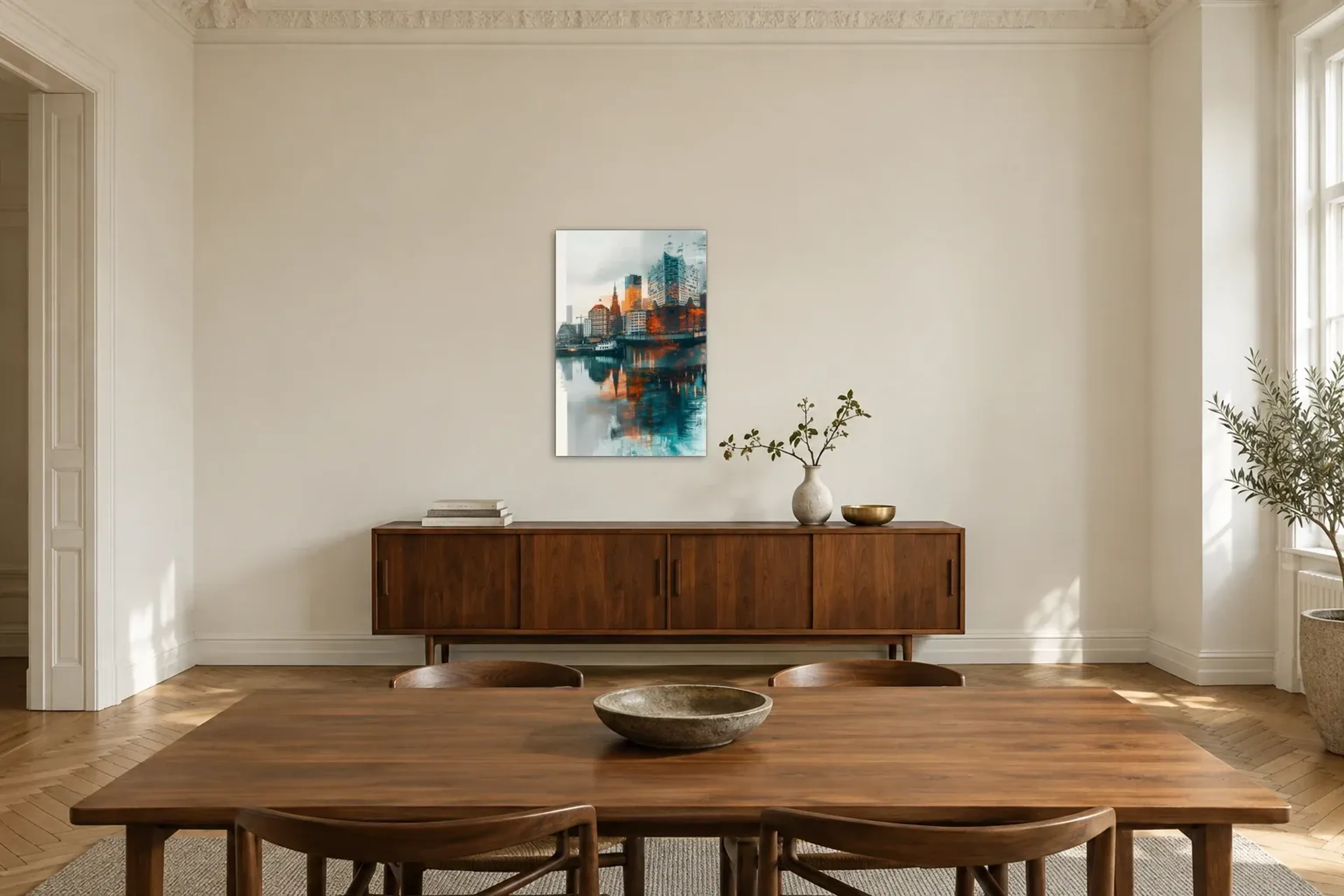Elbphilharmonie mit orangefarbenen Spiegelungen als Wandbild über einem 200-cm-Sideboard