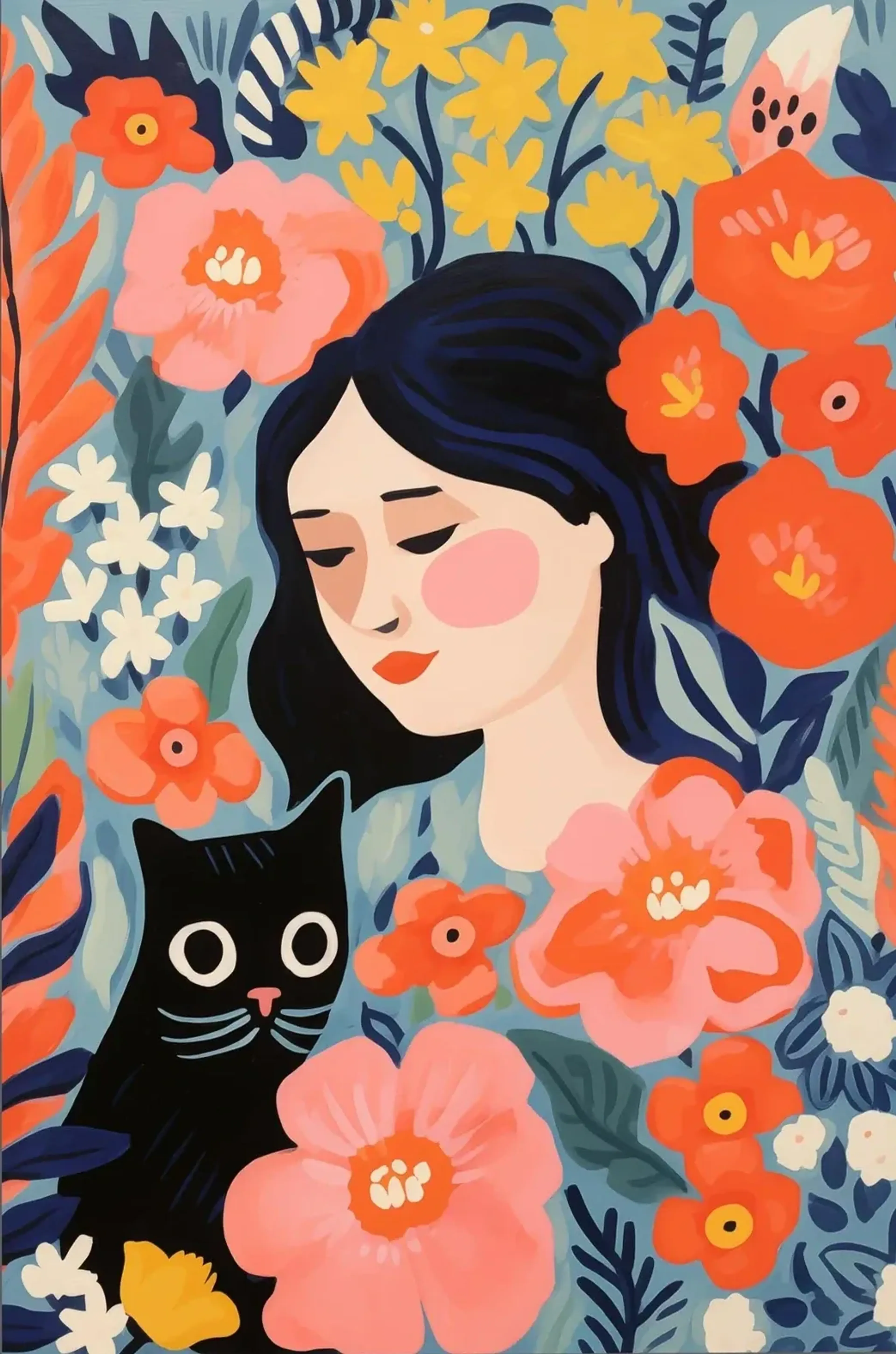 Frau mit Katze und Blüten – Motiv als Wandbild auf Holz