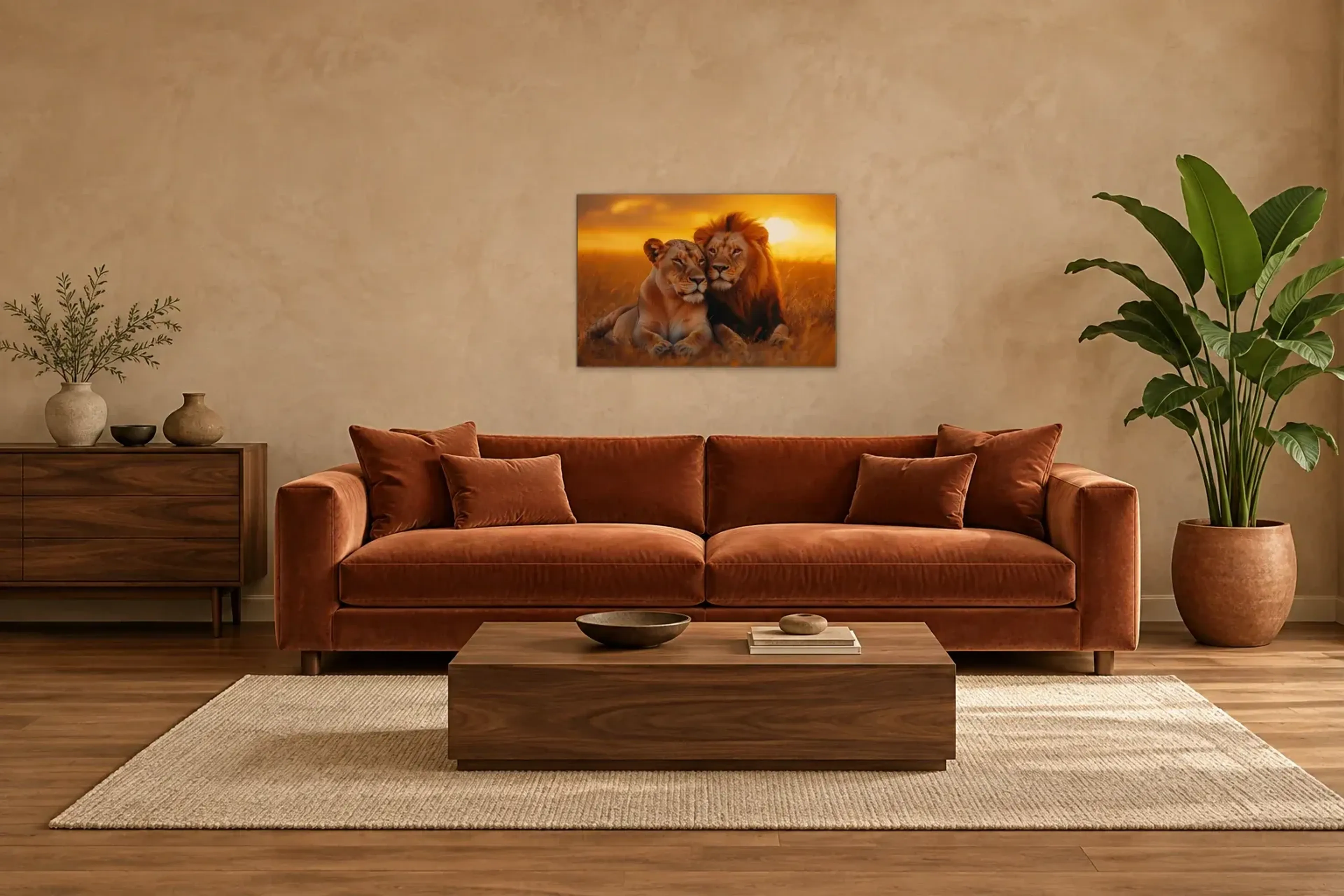 Löwen im Abendlicht als Wandbild über einem 220-cm-Sofa