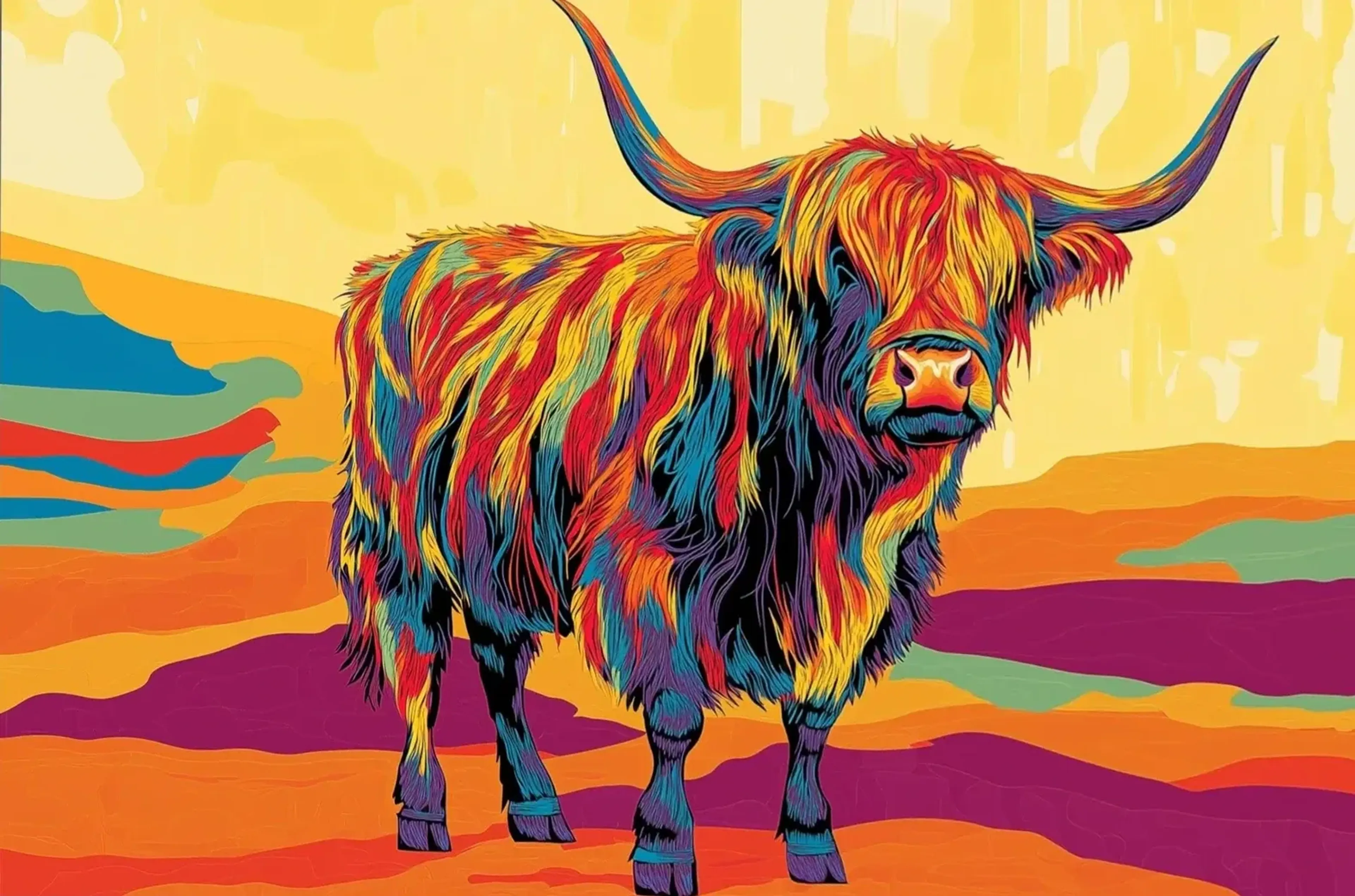 Ein buntes Hochlandrind steht vor gelbem Himmel in einer Landschaft aus orangefarbenen, grünen und violetten Flächen.