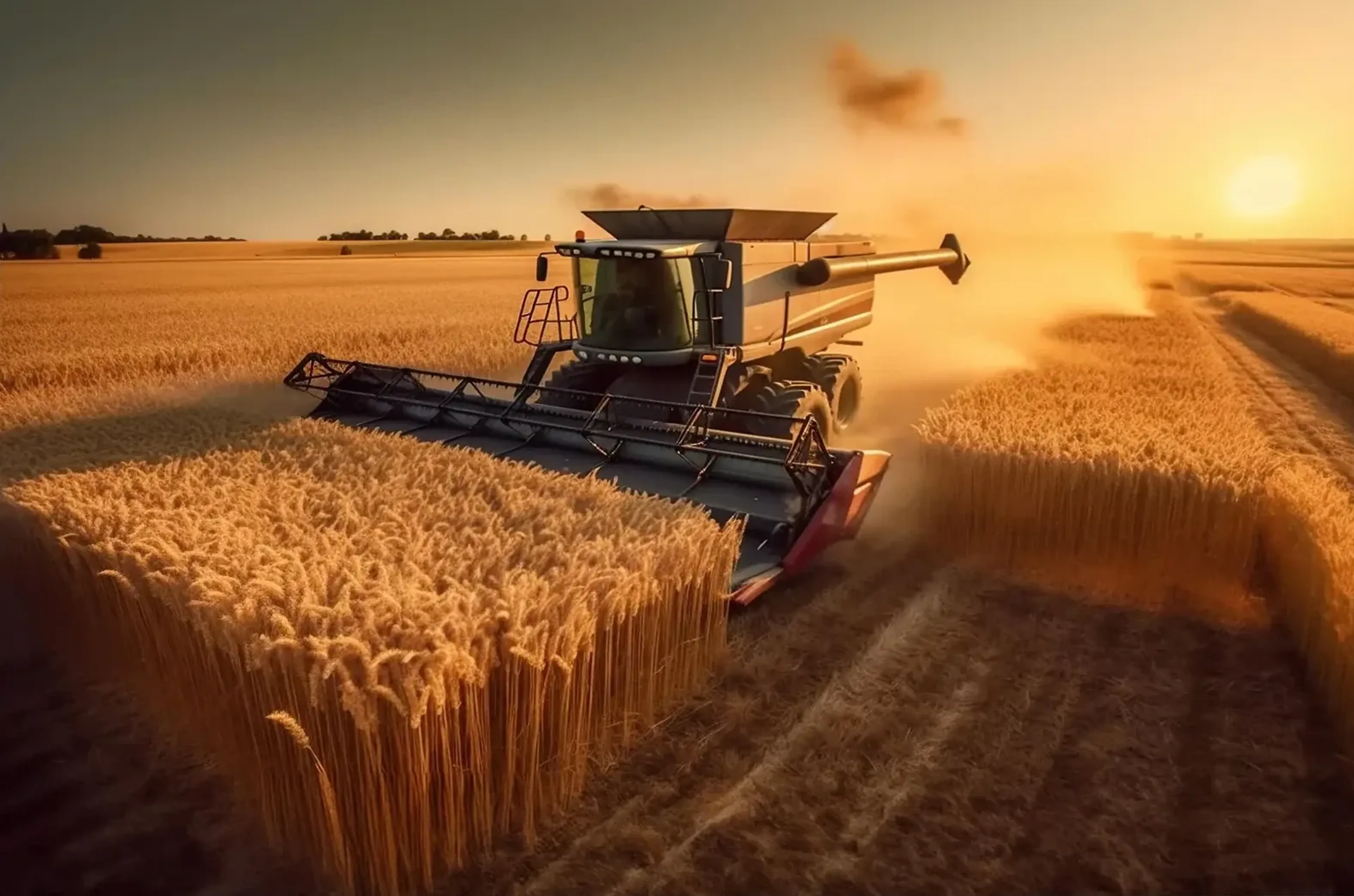 Ein Mähdrescher erntet ein goldenes Getreidefeld im tief stehenden Sonnenlicht, hinter ihm steigt Staub auf.