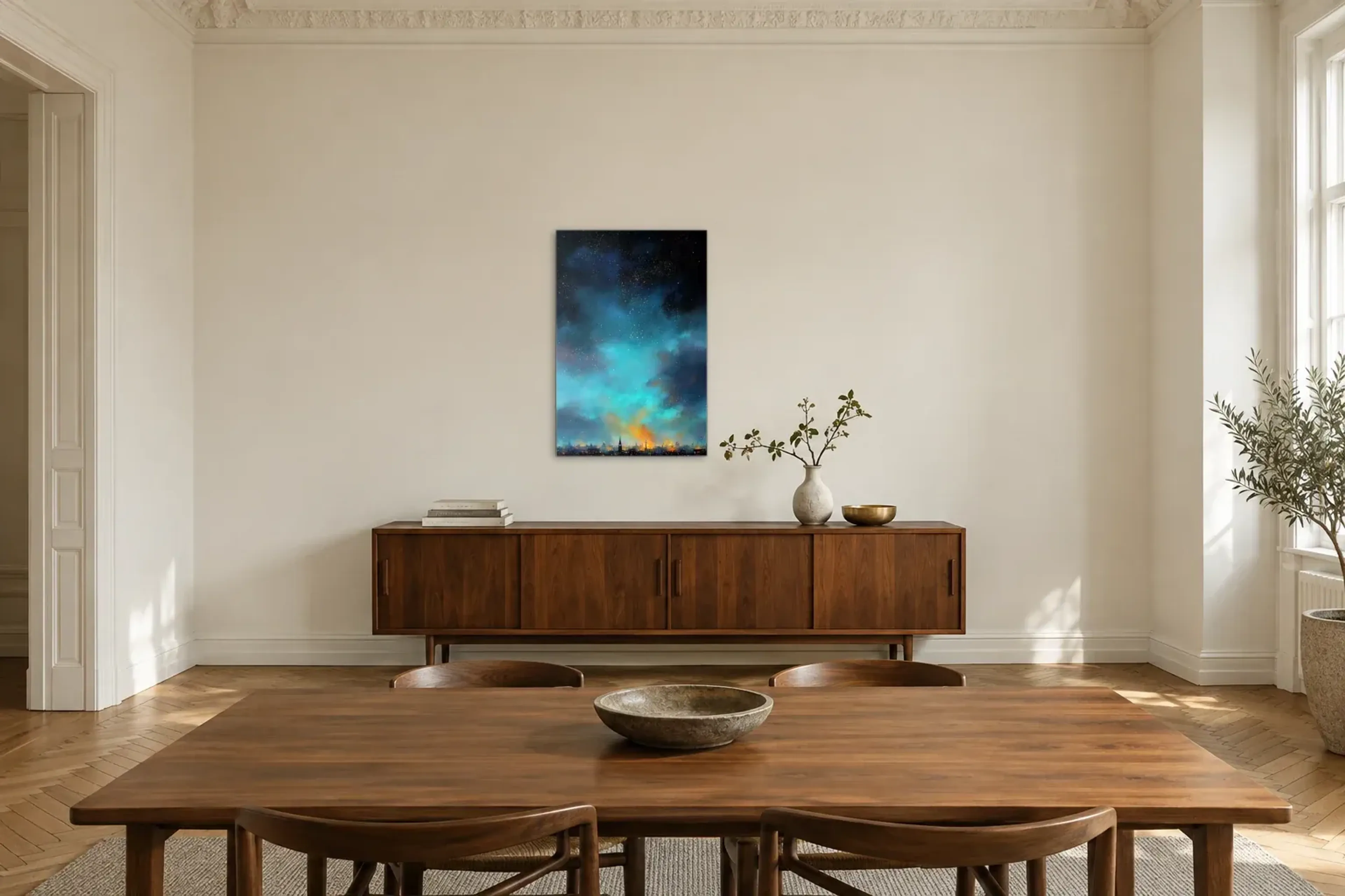 Sternenhimmel über Hamburg als Wandbild über einem 200-cm-Sideboard