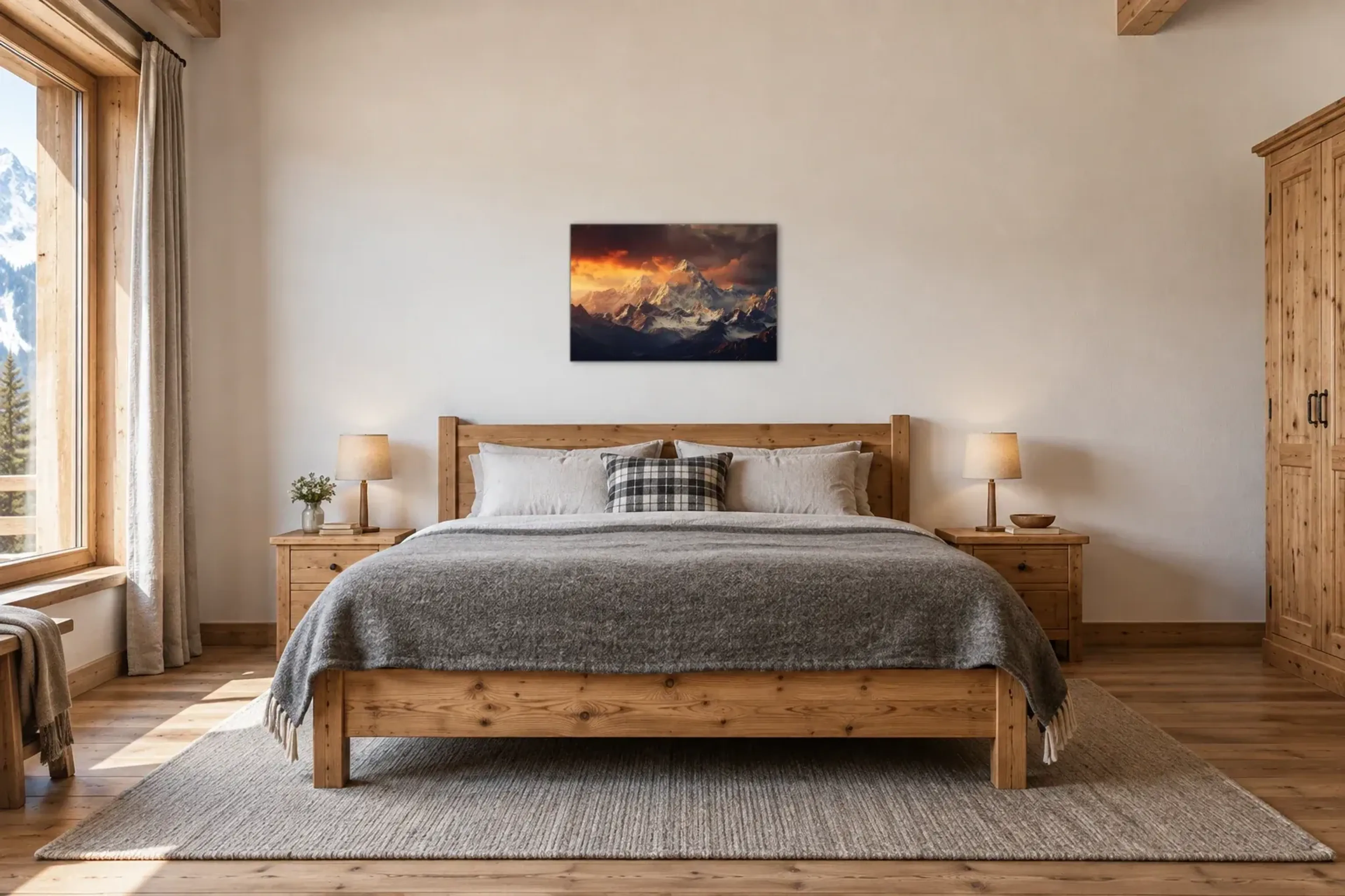 Gipfel im Abendlicht als Wandbild über einem 180-cm-Bett