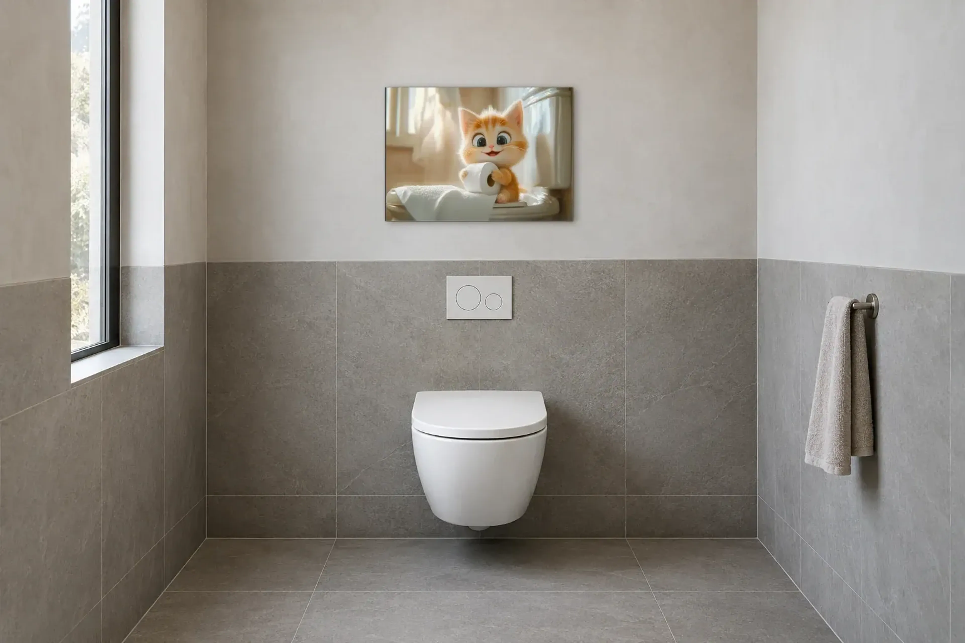 Kätzchen beim Papierabrollen als Wandbild im Gäste-WC