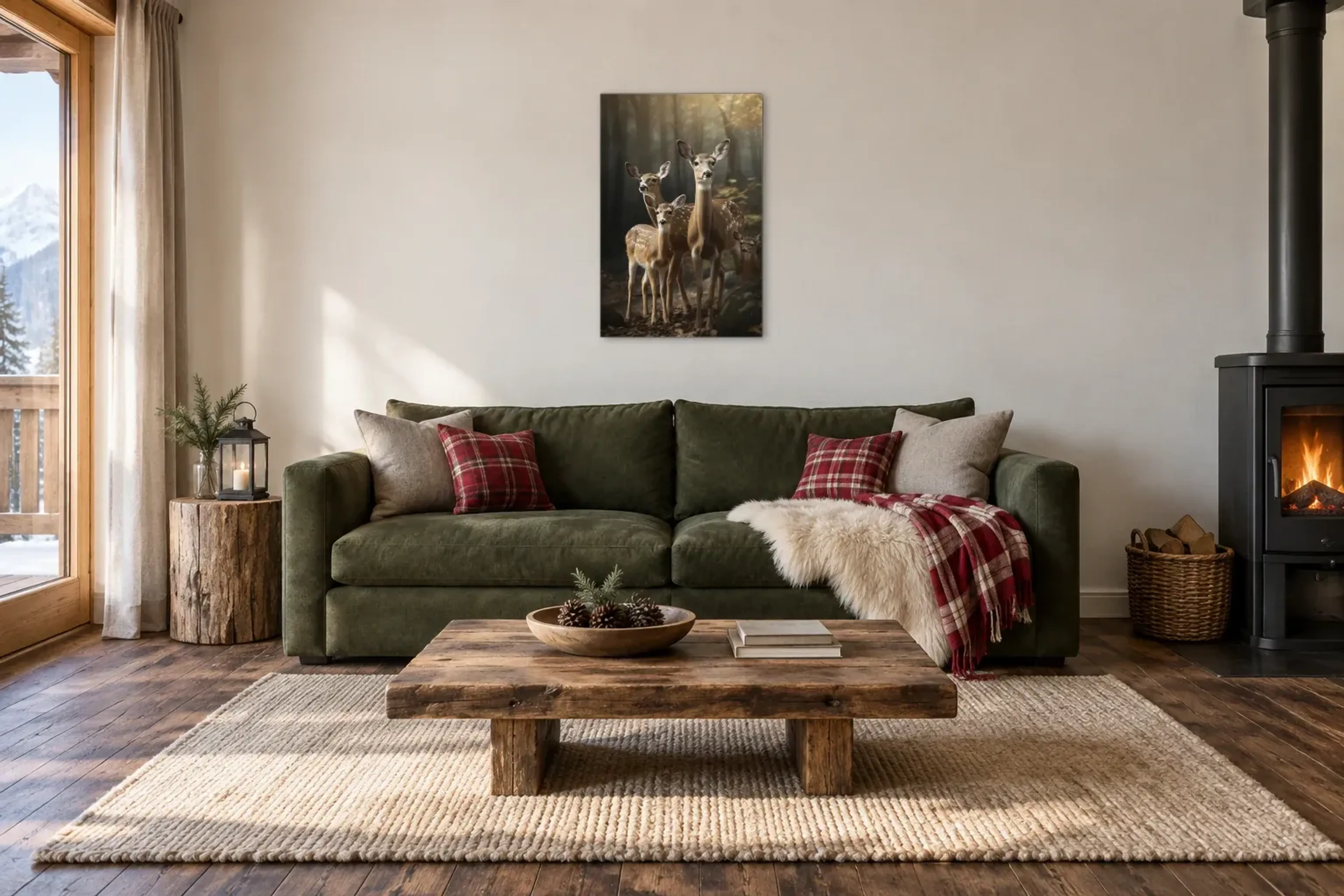 Hirschgruppe im Wald als Wandbild über einem 220-cm-Sofa