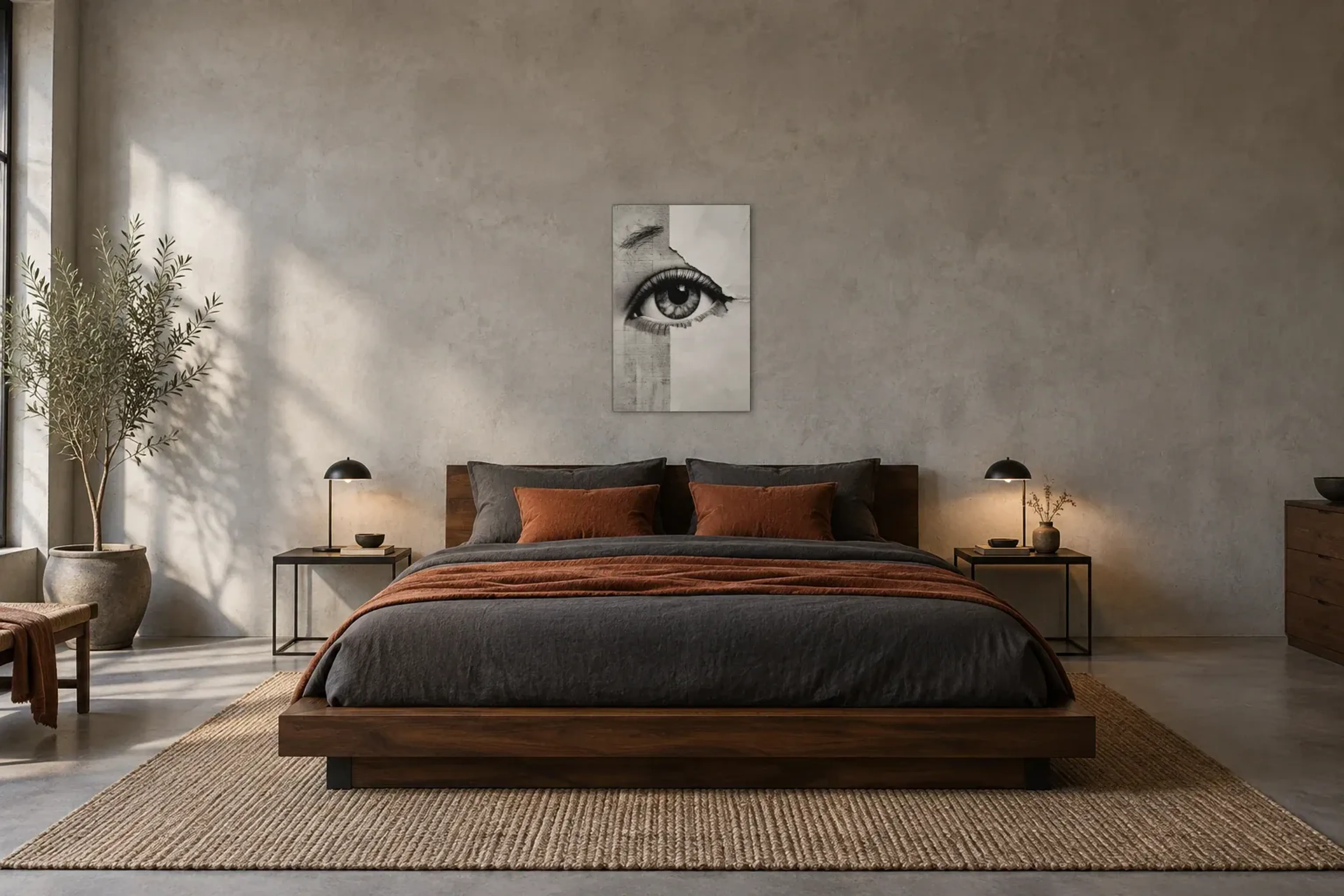 Auge Papier als Wandbild über einem 180-cm-Bett