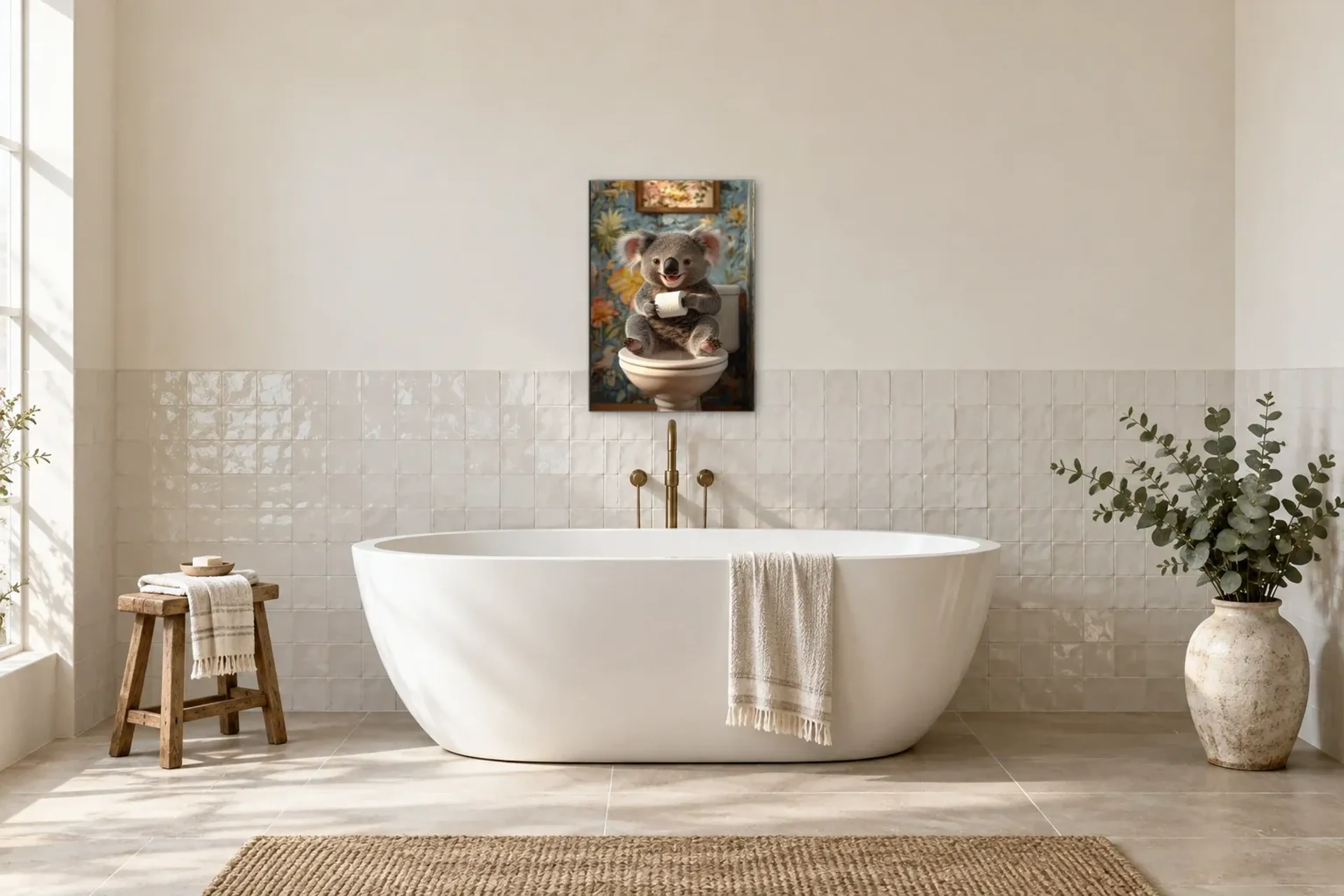 Koala vor Blumentapete als Wandbild über einer 170-cm-Badewanne