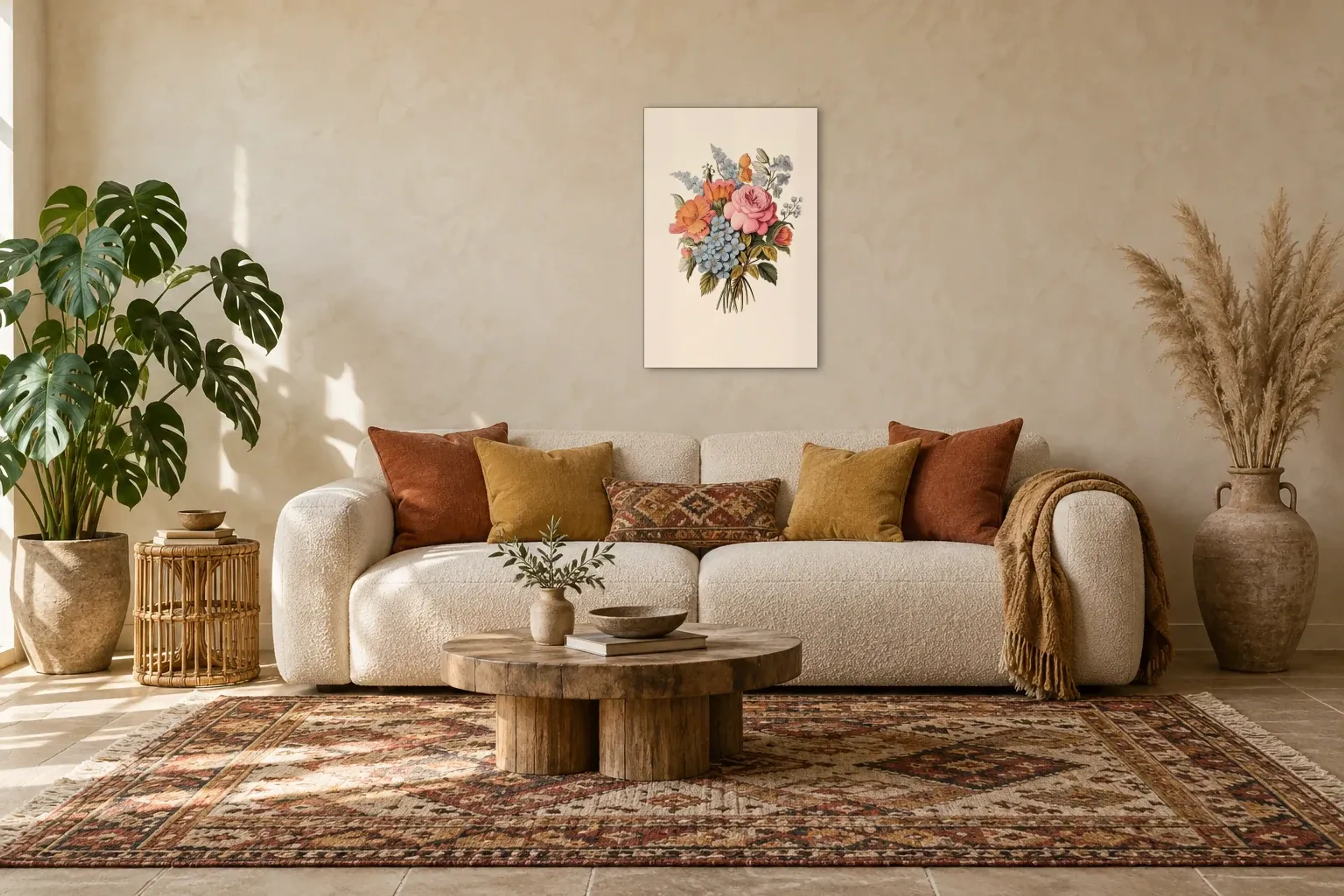 Bunter Blumenstrauß als Wandbild über einem 220-cm-Sofa