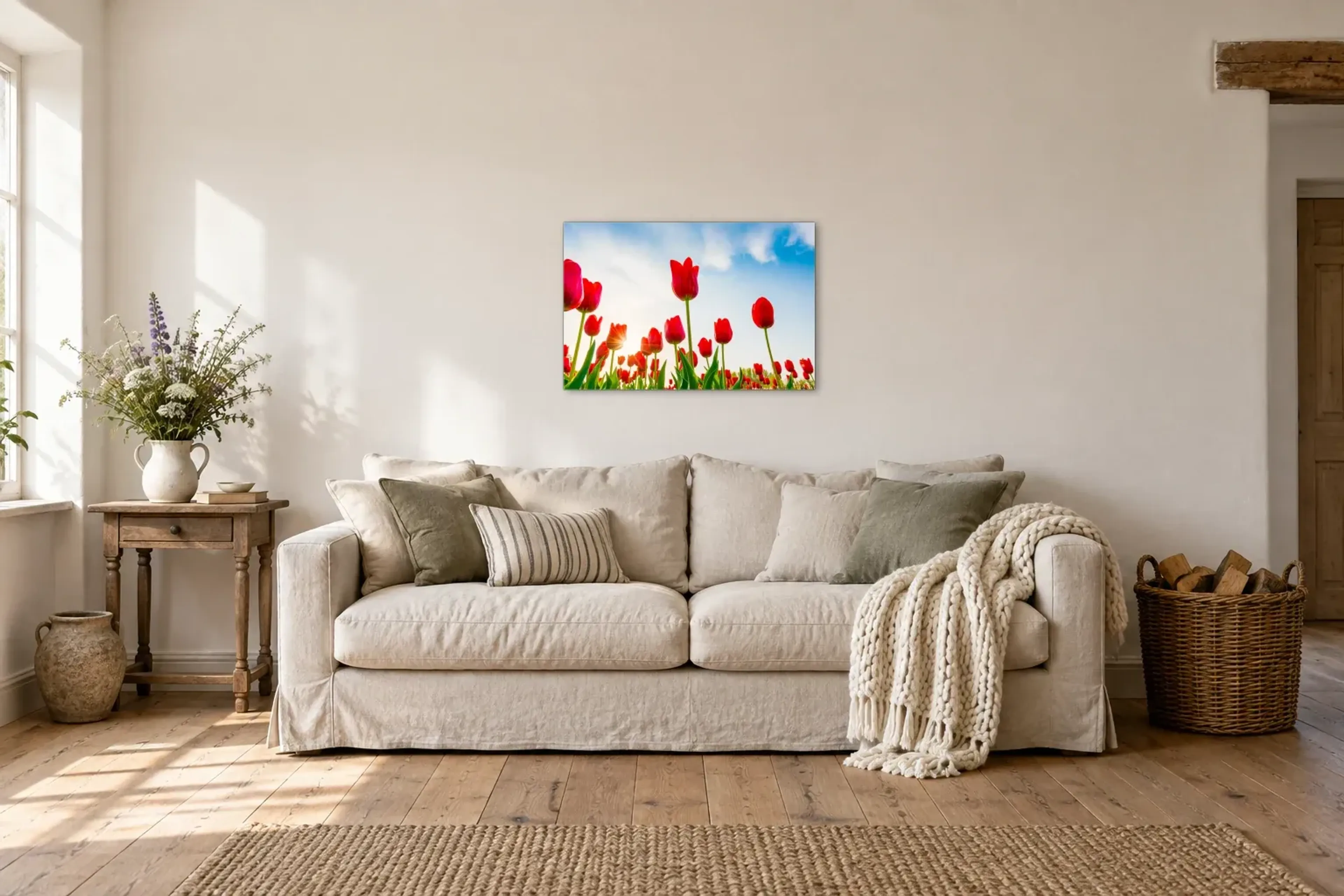 Rote Tulpen im Sonnenlicht als Wandbild über einem 220-cm-Sofa