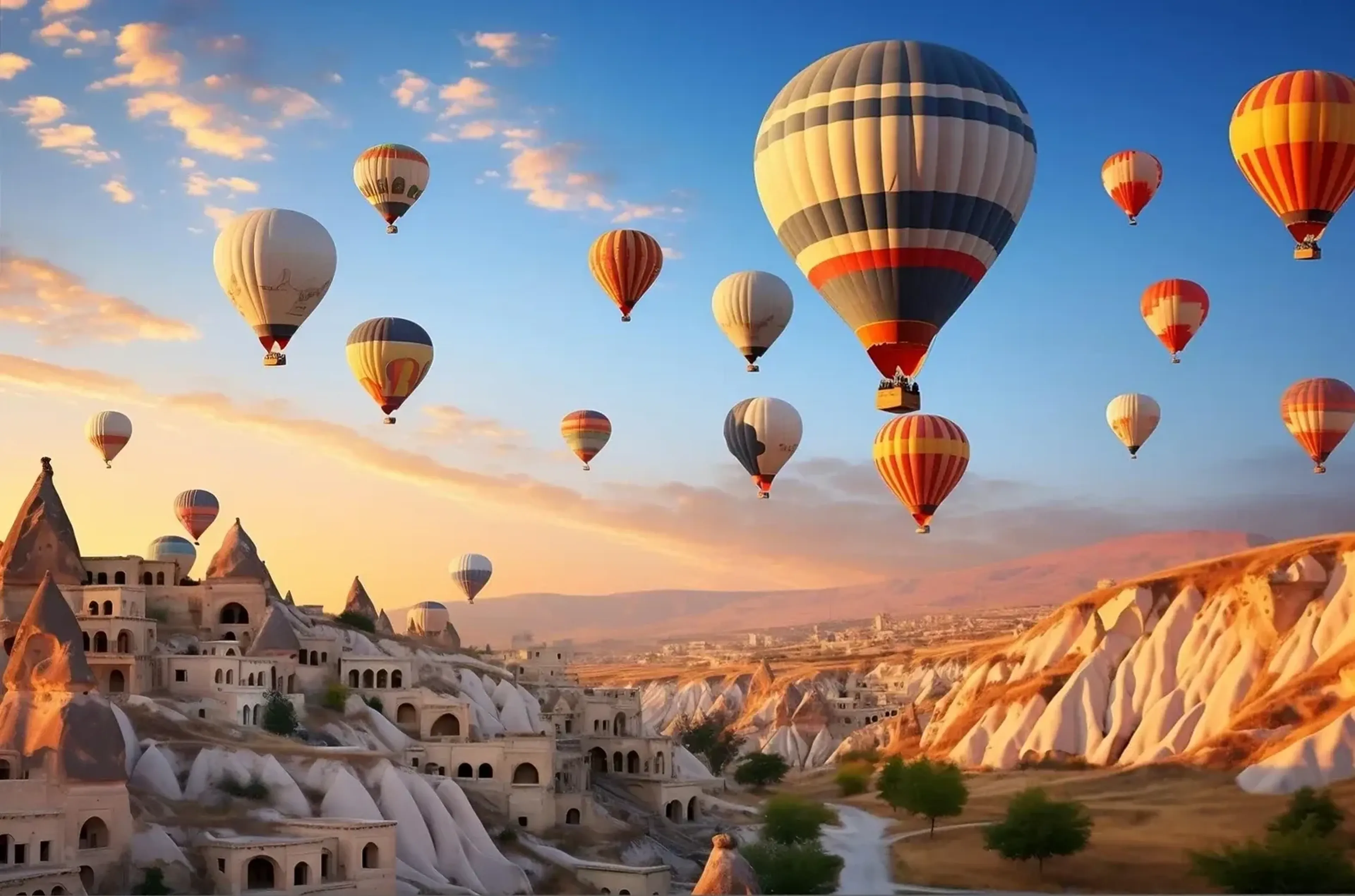 Bunte Heißluftballons über spitzen Felsen und Gebäuden mit Bogenfenstern in warmem Licht unter blauem Himmel.