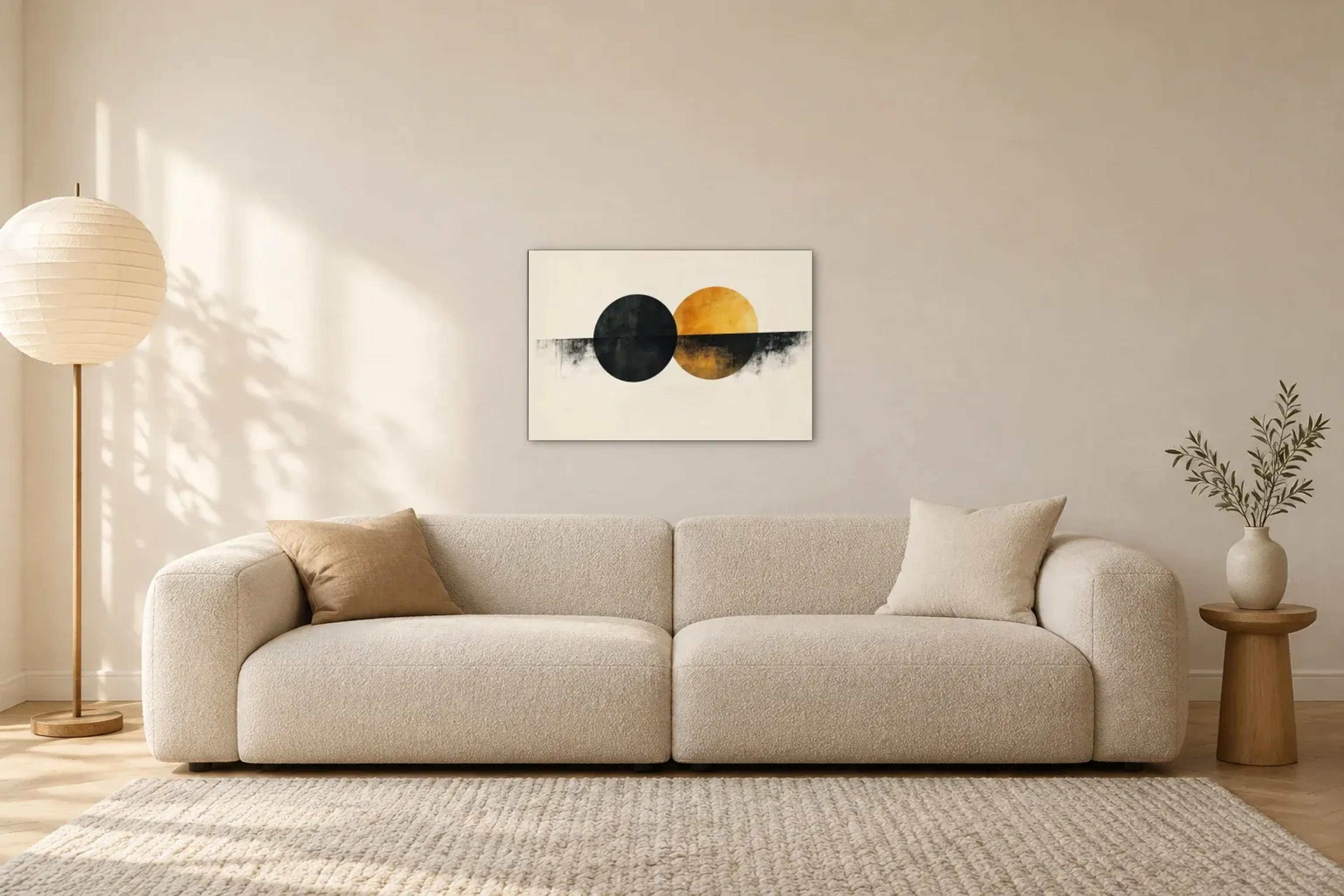 Kreise in Schwarzgold als Wandbild über einem 230-cm-Sofa
