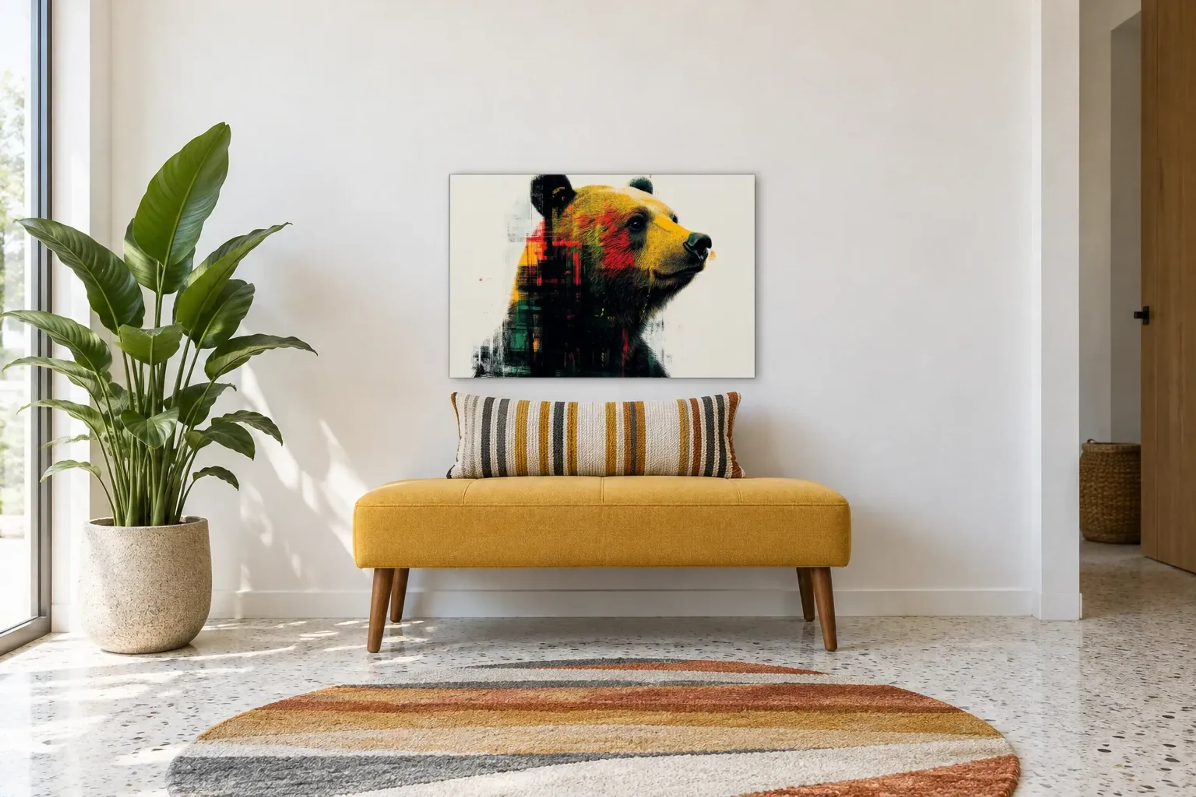 Braunbär im Halbprofil als Wandbild über einer 120-cm-Bank