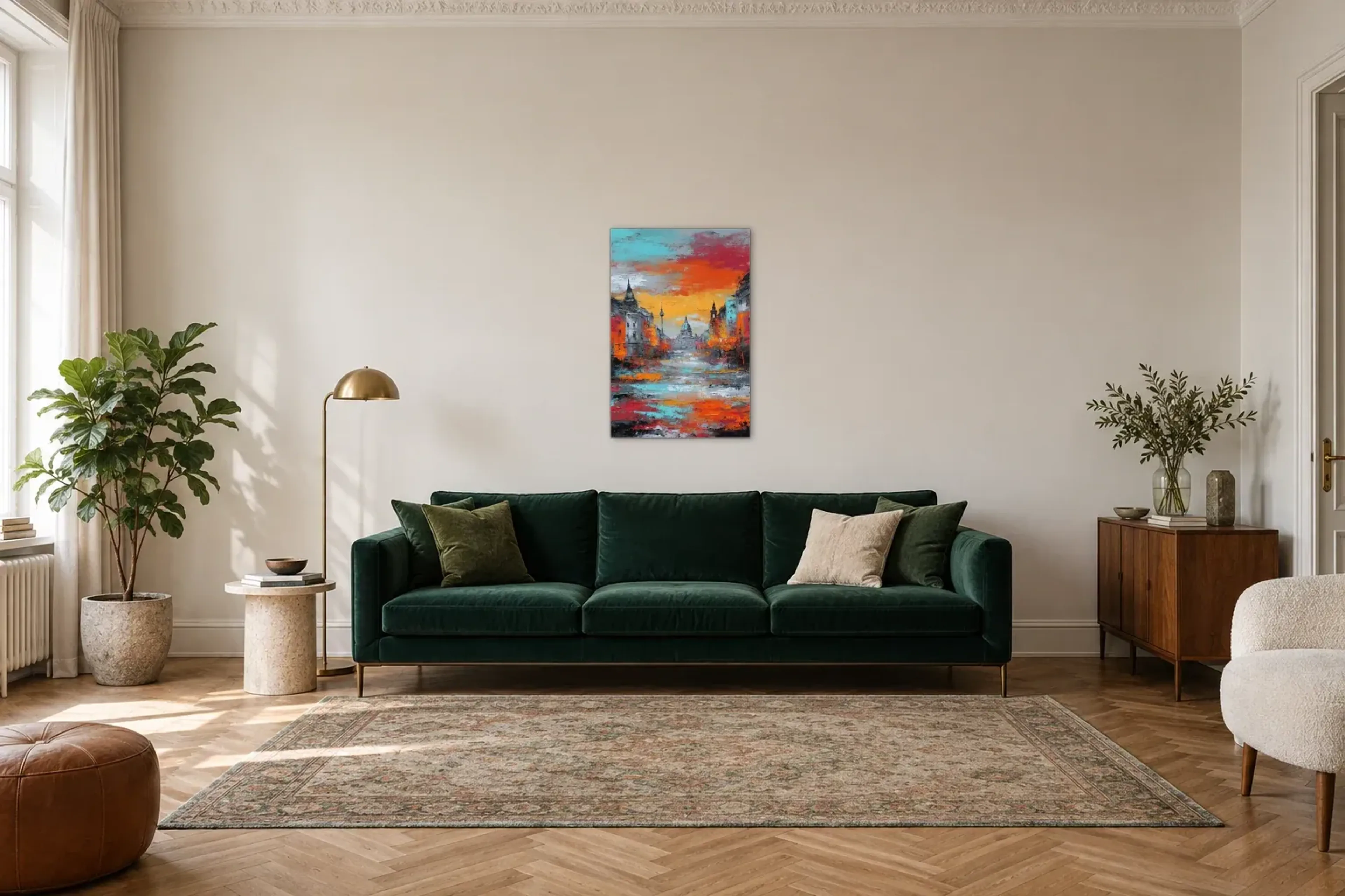Berlin im orangefarbenen Licht als Wandbild über einem 220-cm-Sofa