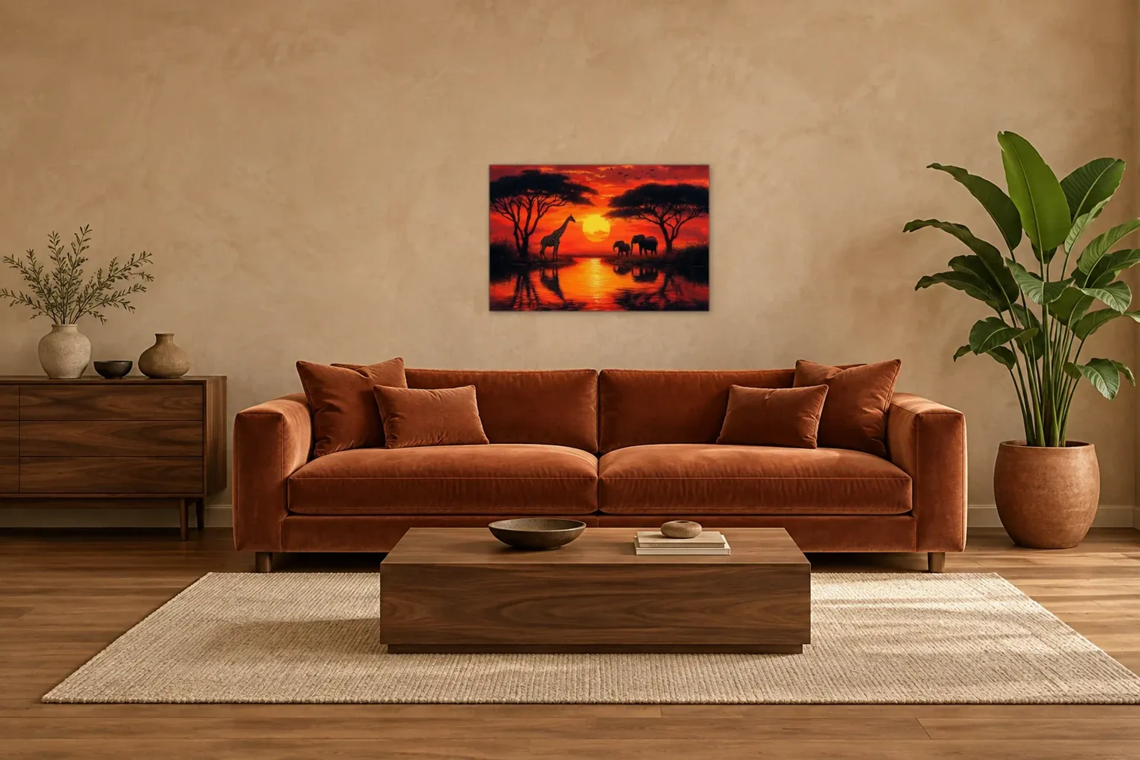 Abendsonne am Wasser als Wandbild über einem 220-cm-Sofa