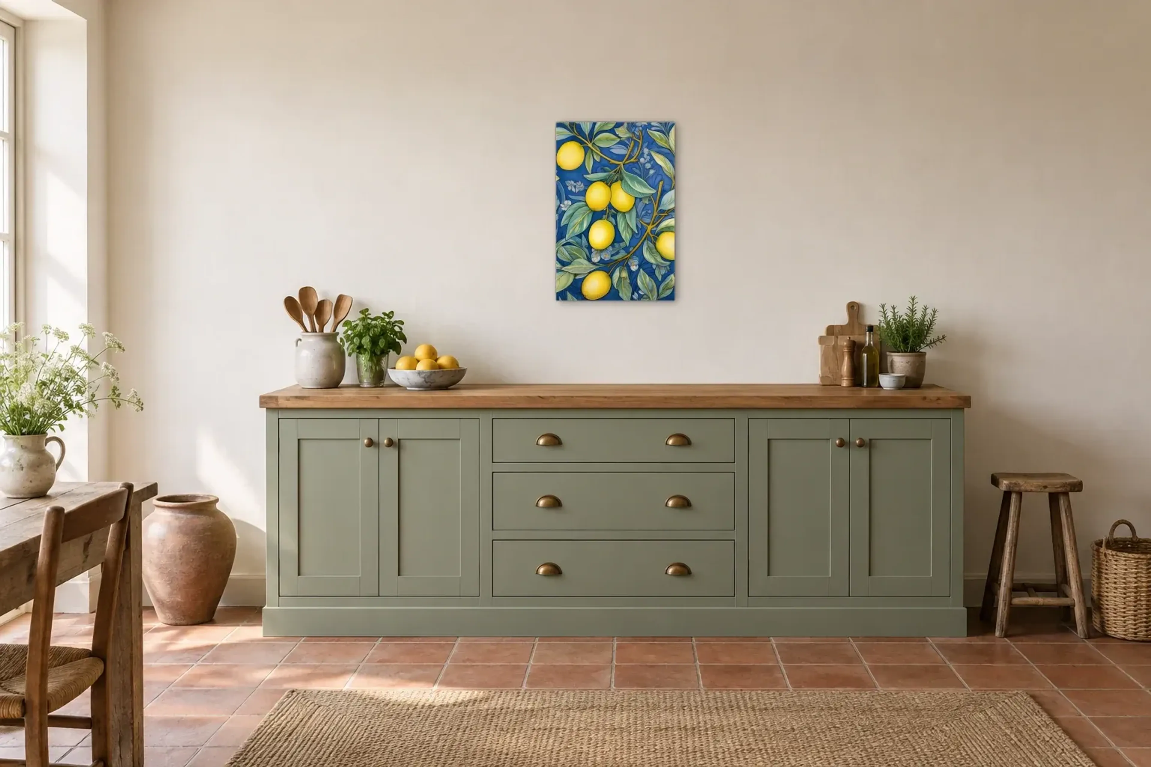 Zitronen und Blüten als Wandbild über einer 200-cm-Arbeitsplatte