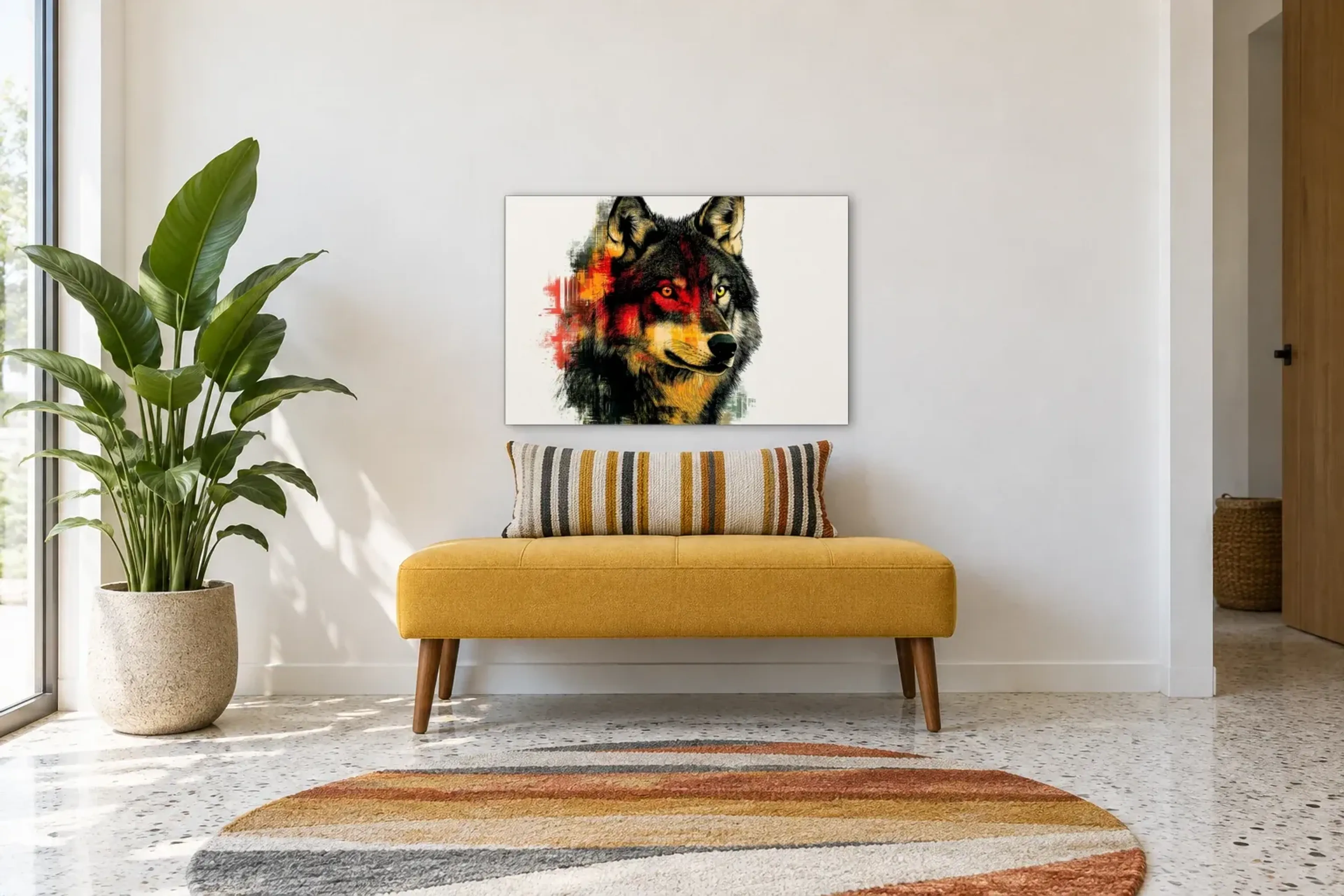 Wolf auf hellem Grund als Wandbild über einer 120-cm-Bank