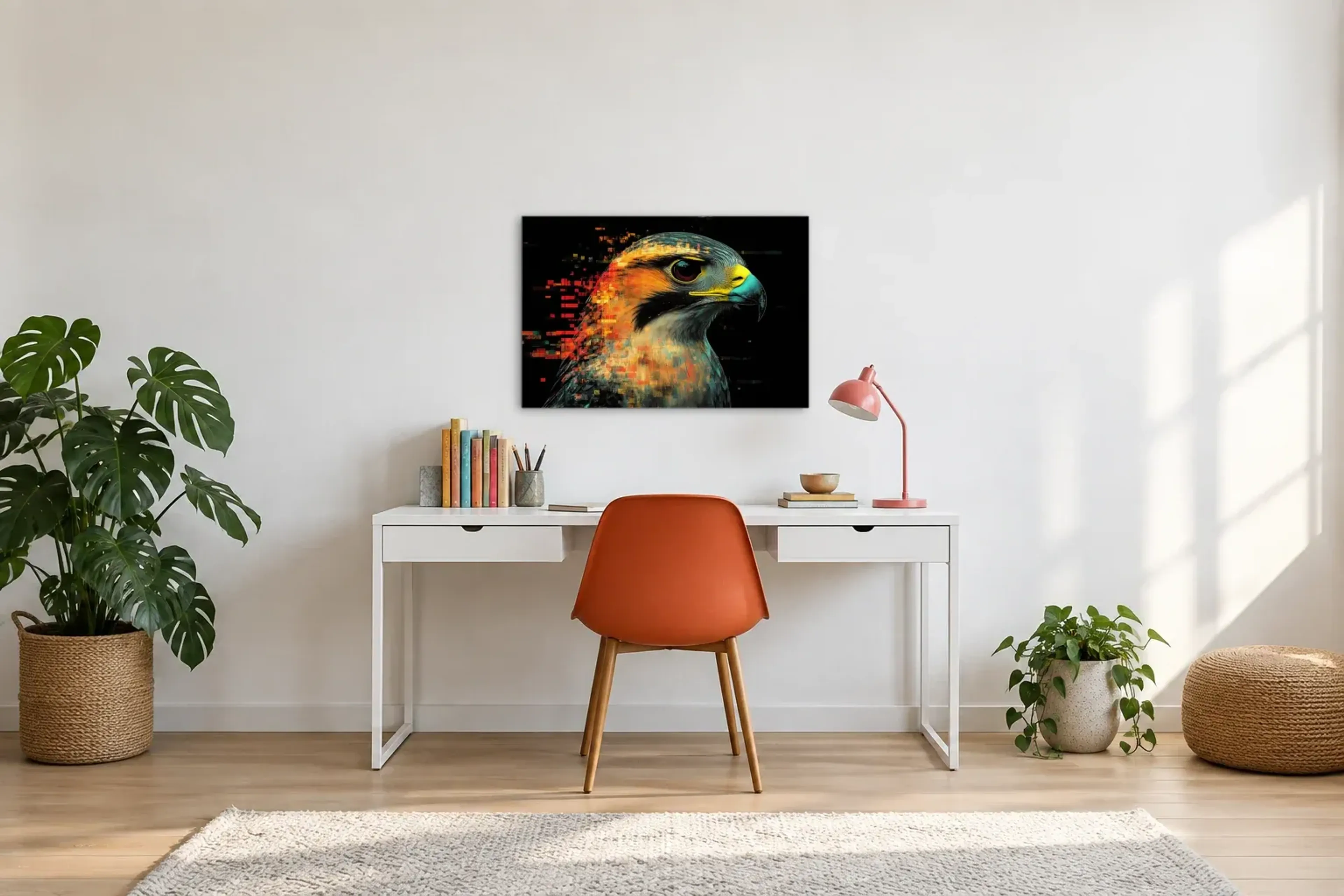 Falke als Wandbild über einem 140-cm-Schreibtisch