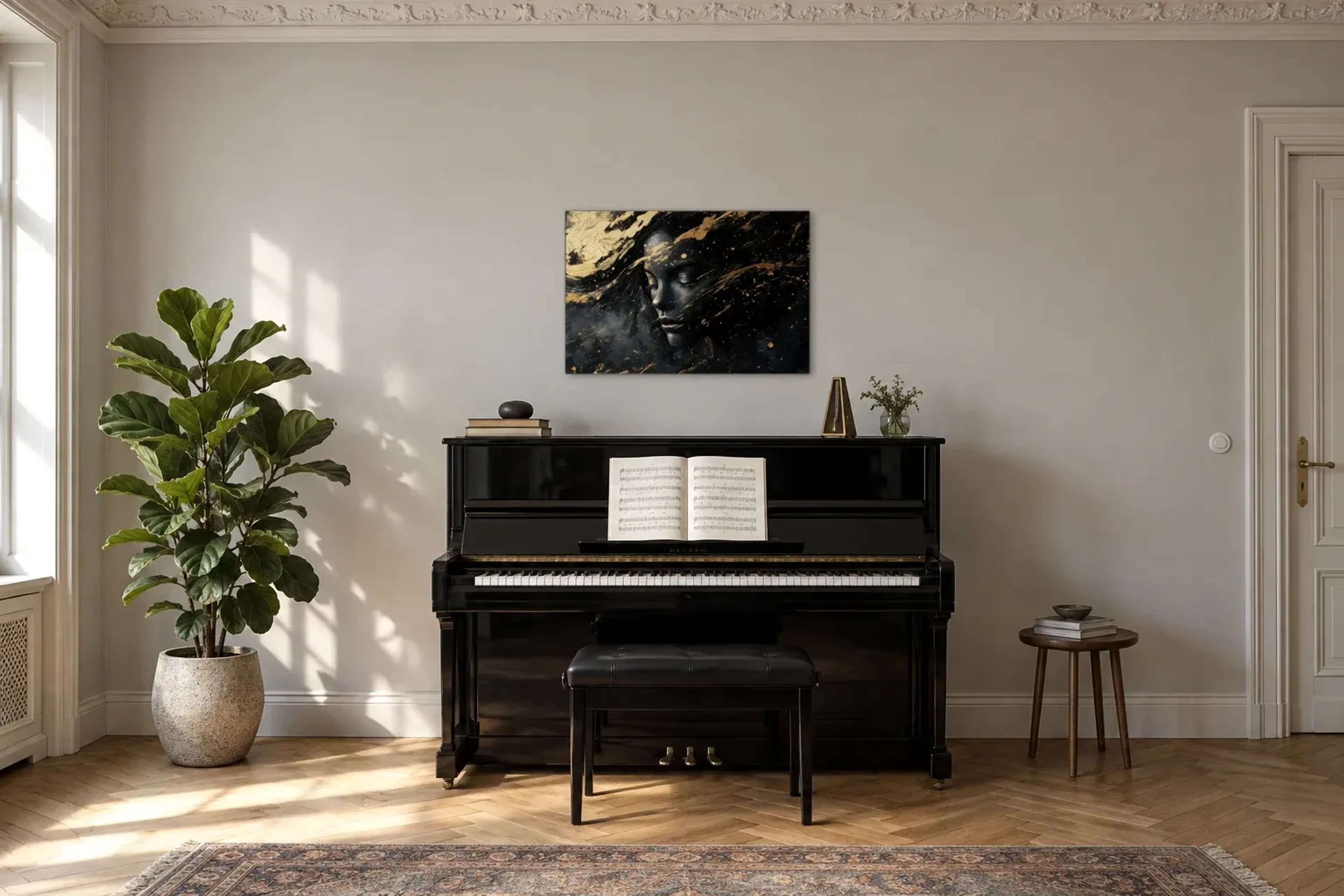 Porträt in Schwarzgold als Wandbild über einem 150-cm-Klavier