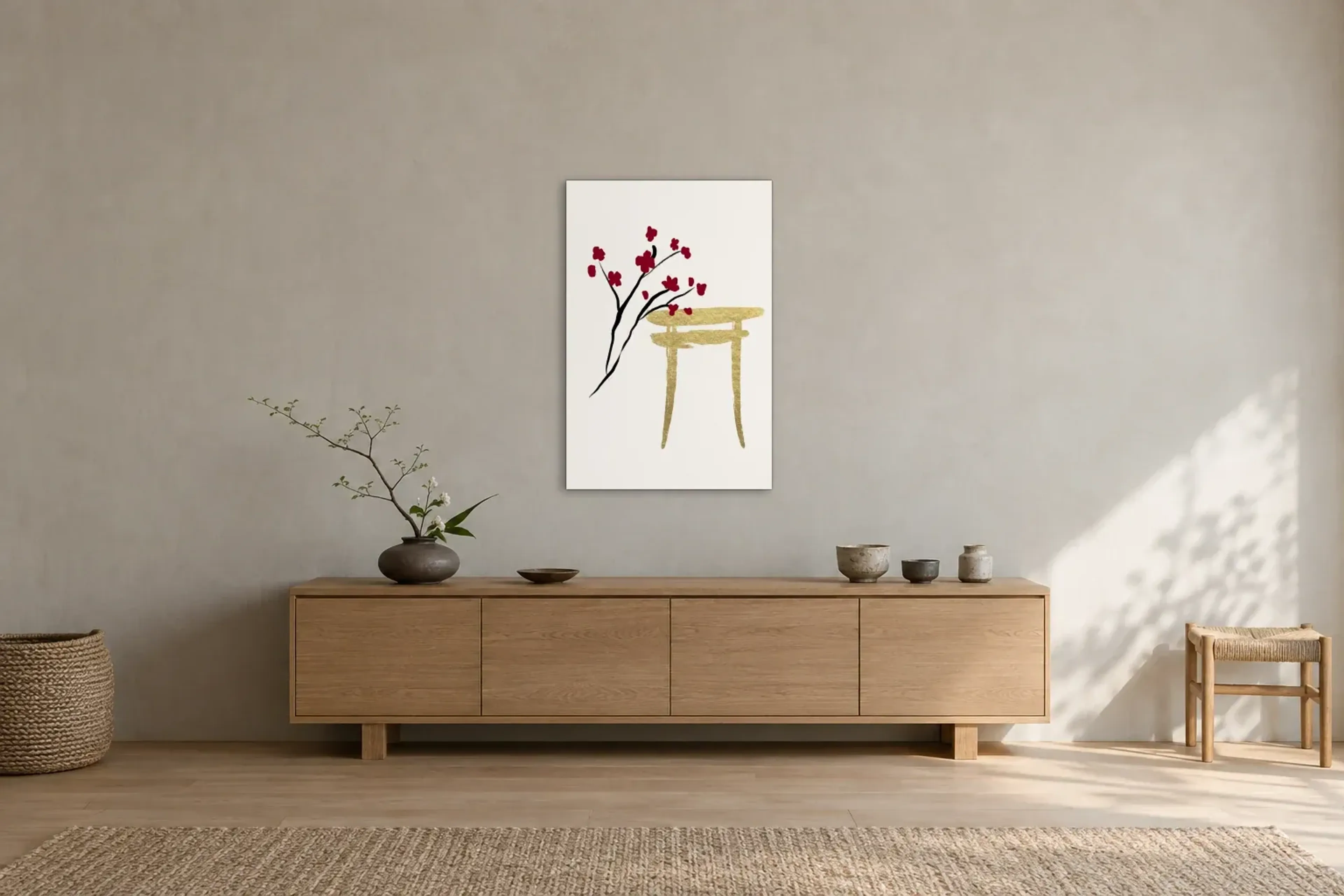 Goldenes Tor mit Blüten als Wandbild über einem 180-cm-Sideboard