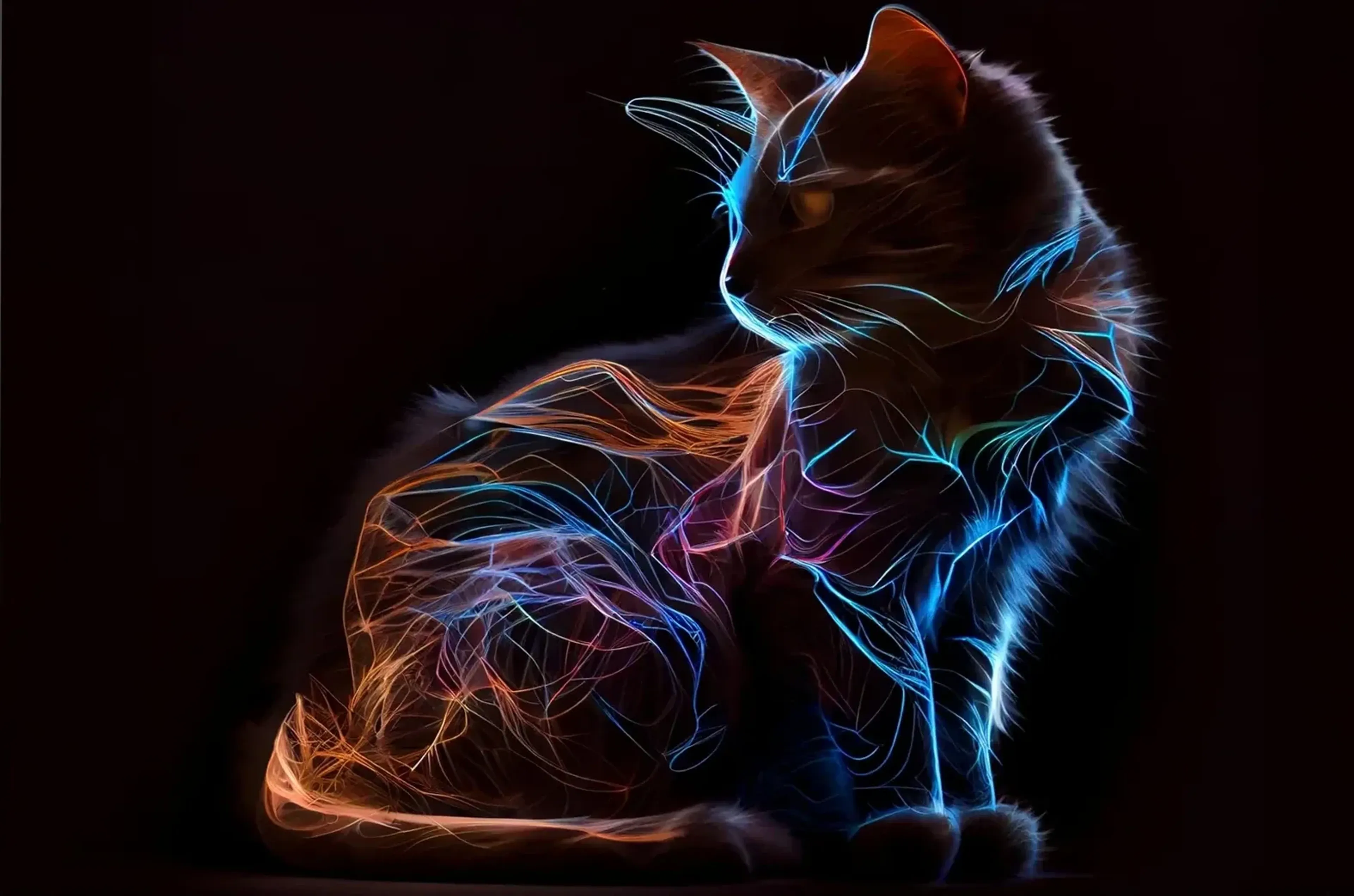 Eine sitzende Katze blickt nach links, ihr dunkles Fell ist von blauen, orangefarbenen und violetten Linien durchzogen.