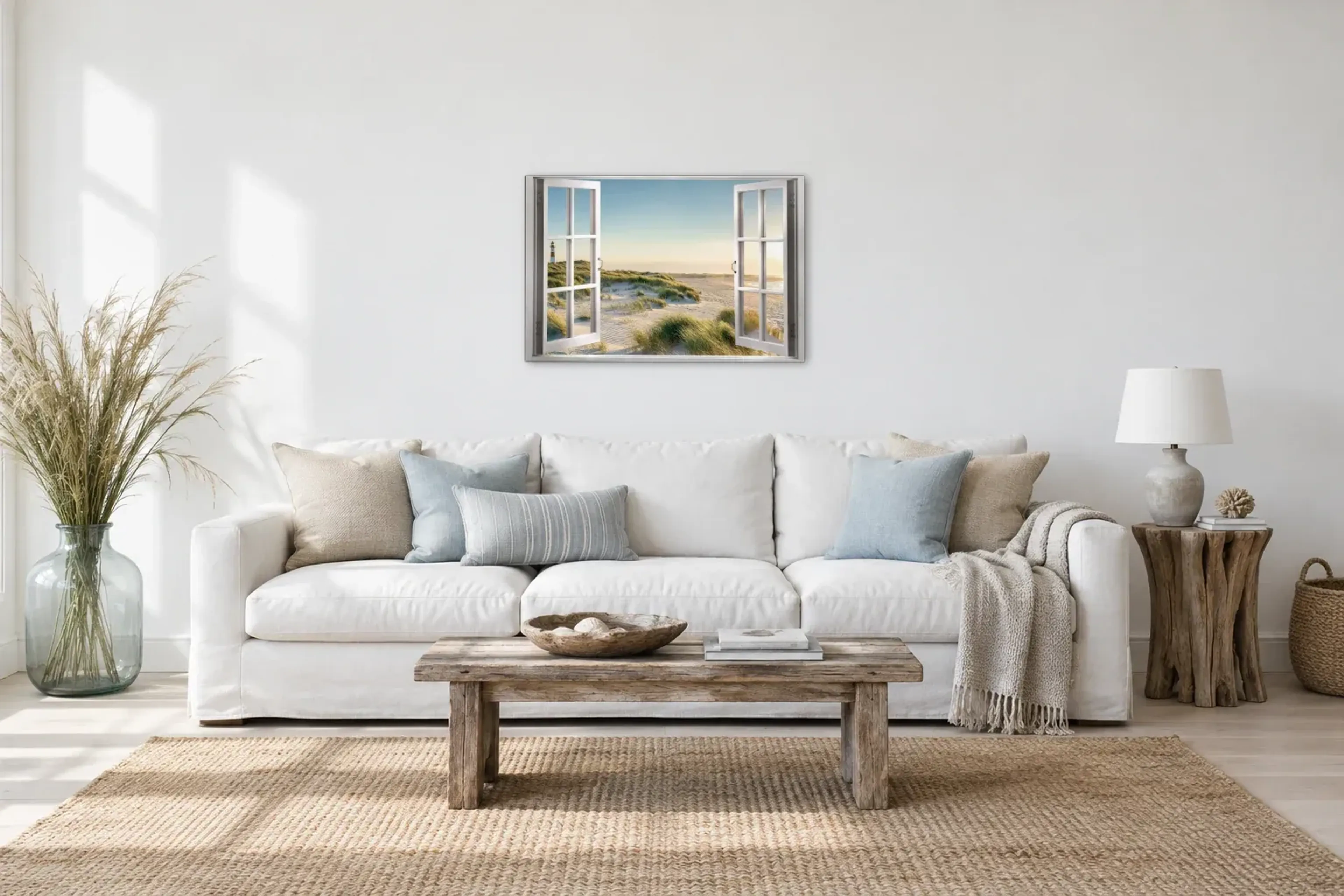 Dünen im Küstenlicht als Wandbild über einem 220-cm-Sofa