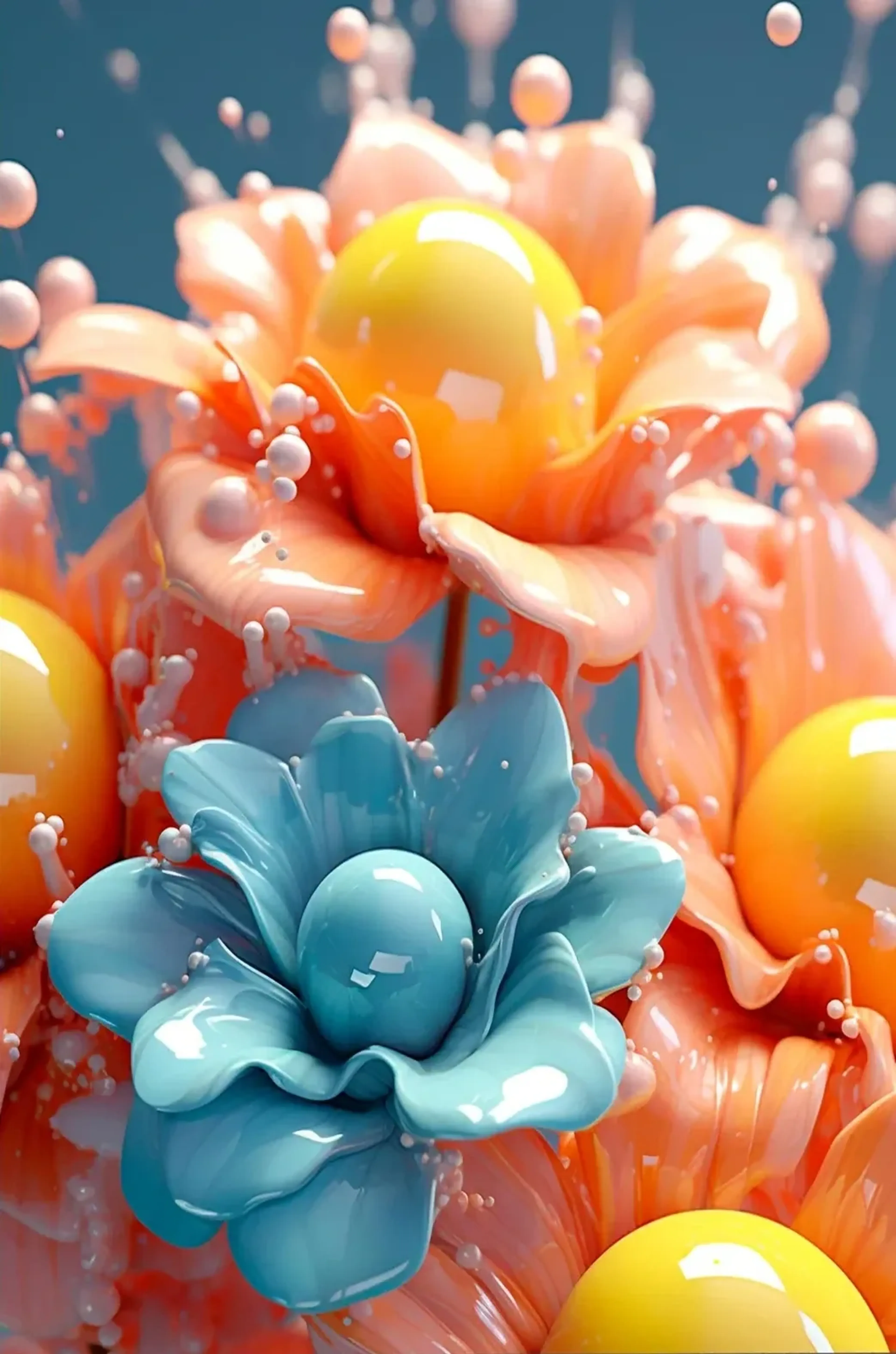 Glänzende Blüten in Pfirsichrosa und Türkis umgeben gelbe und blaue Kugeln sowie kleine helle Kügelchen.