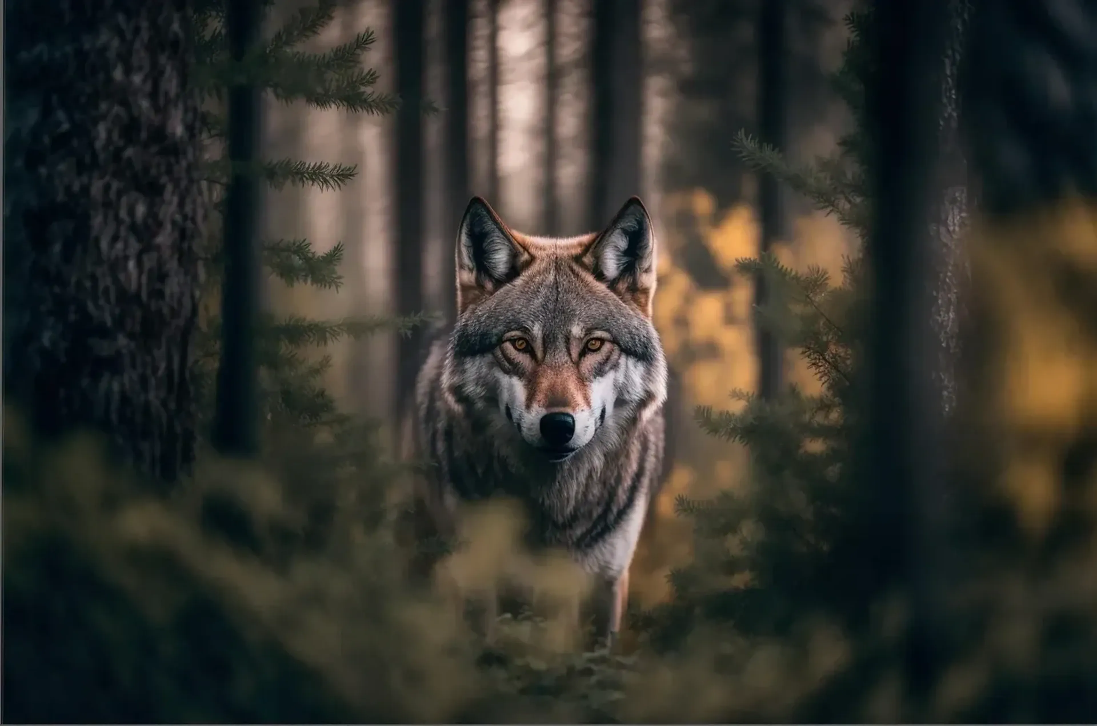 Ein grau brauner Wolf blickt zwischen dunklen Baumstämmen und Zweigen hervor, hinter ihm schimmert goldenes Licht.