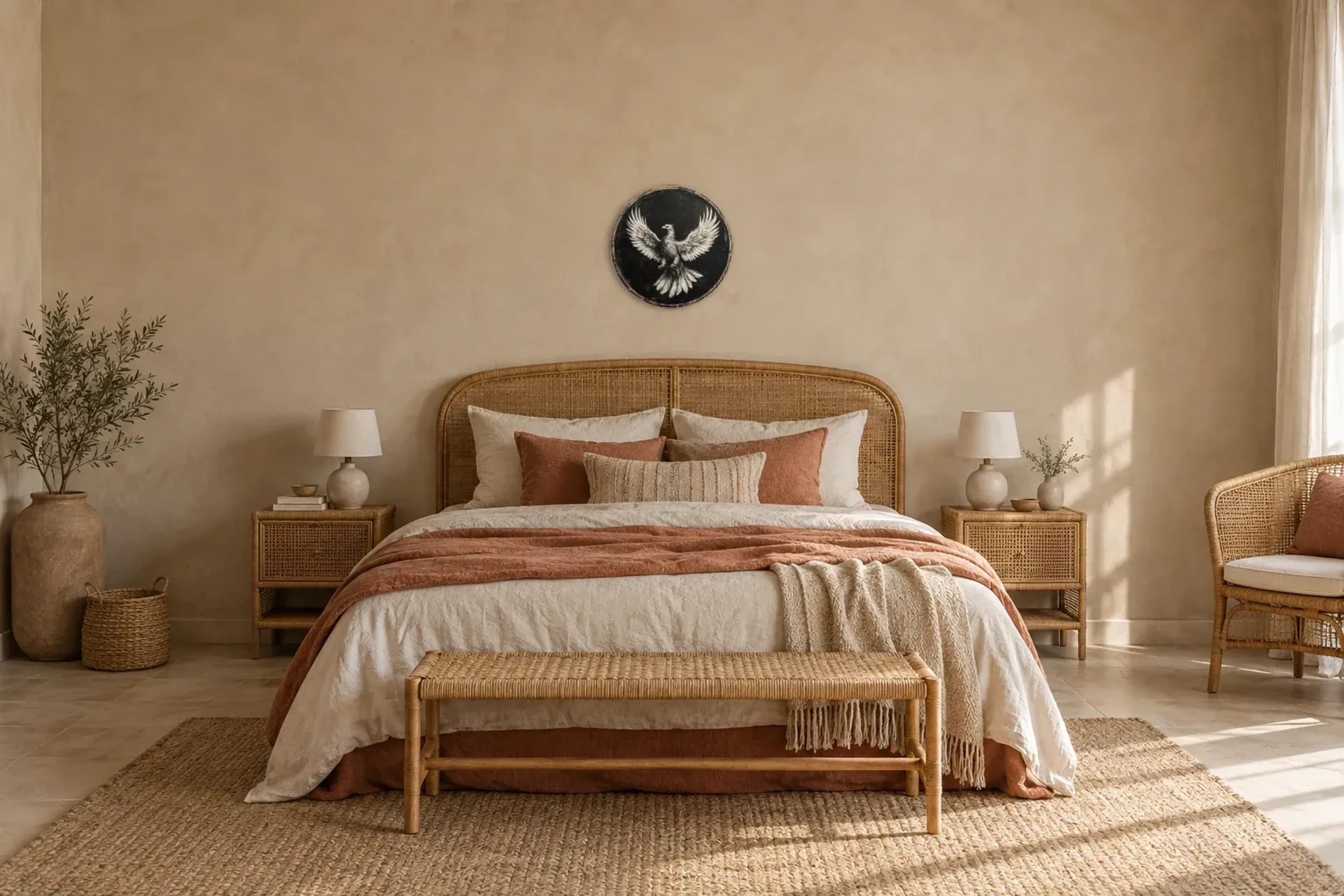 Phönix mit Schwingen als Wandbild über einem 180-cm-Bett