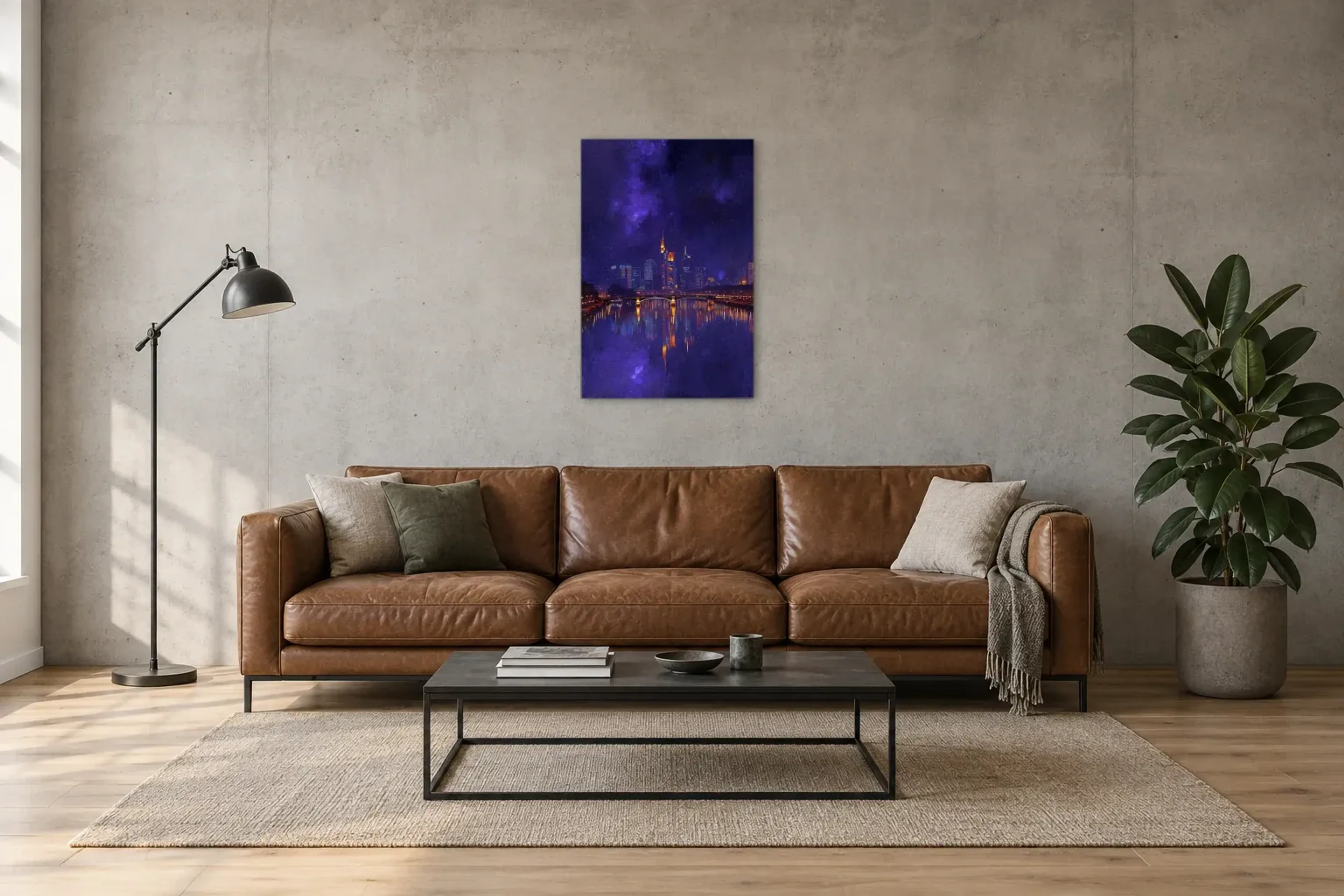 Frankfurt unter violettem Sternenhimmel als Wandbild über einem 220-cm-Sofa