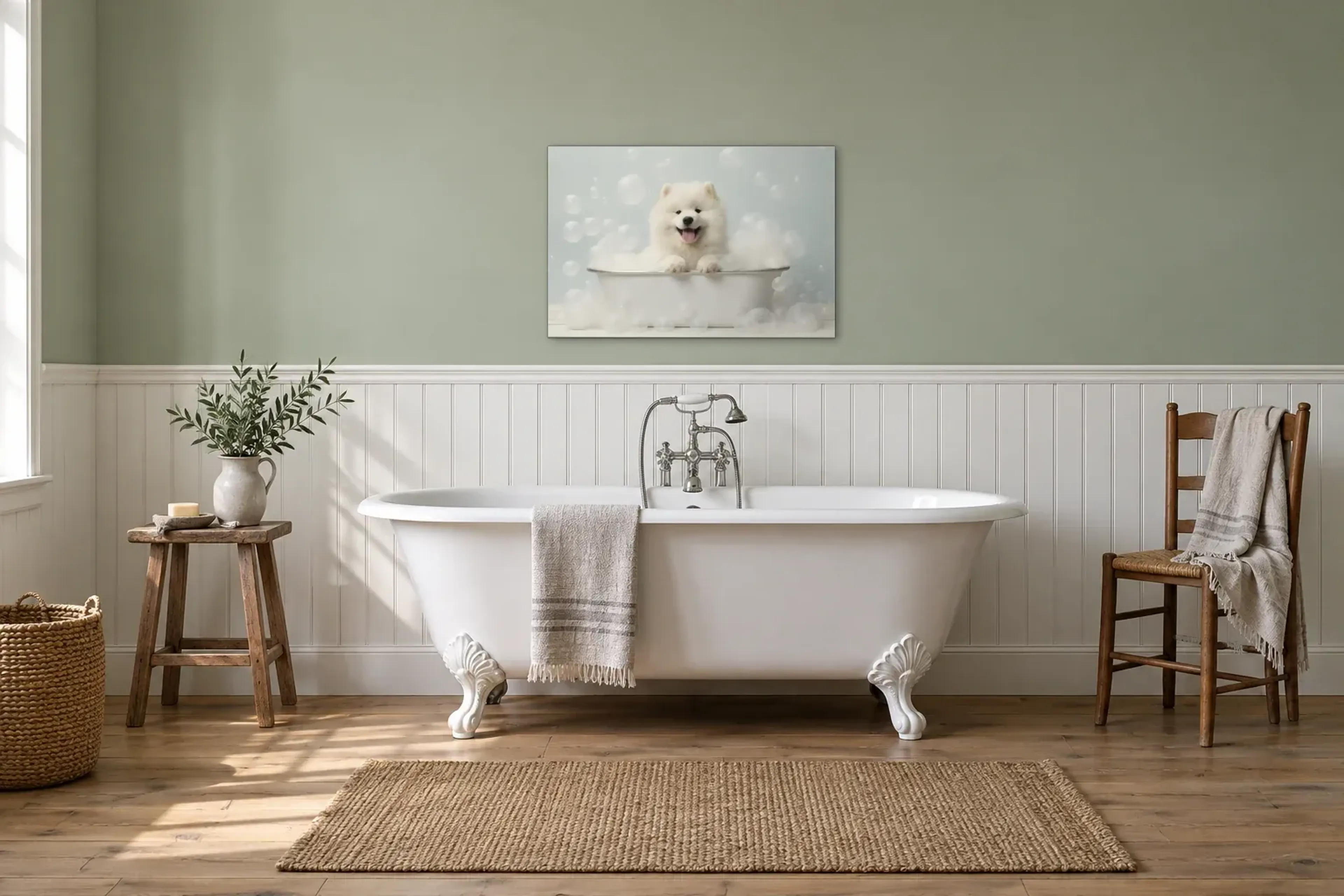 Samojede im Schaumbad als Wandbild über einer 170-cm-Badewanne