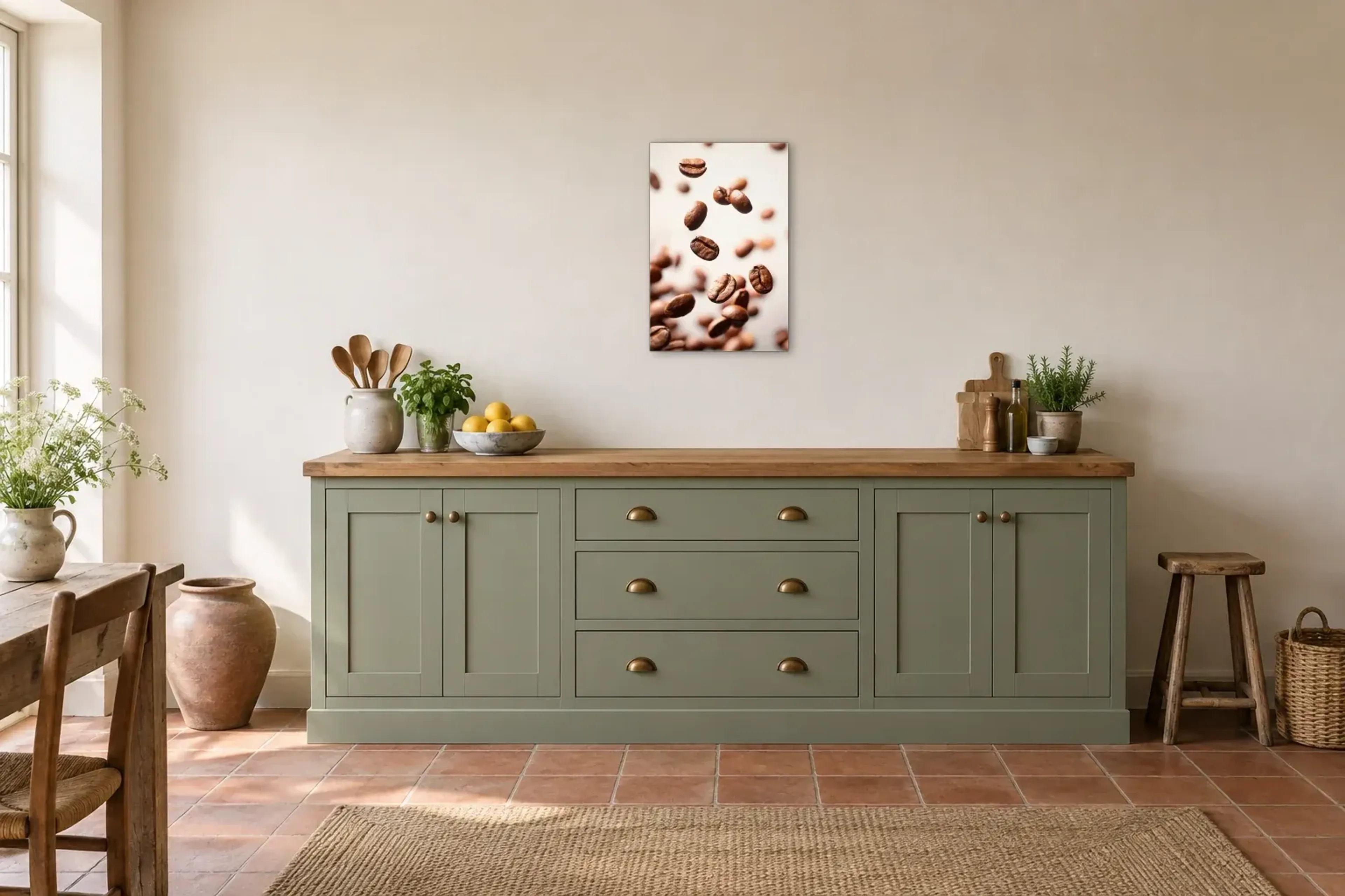 Schwebende Kaffeebohnen als Wandbild über einer 200-cm-Arbeitsplatte